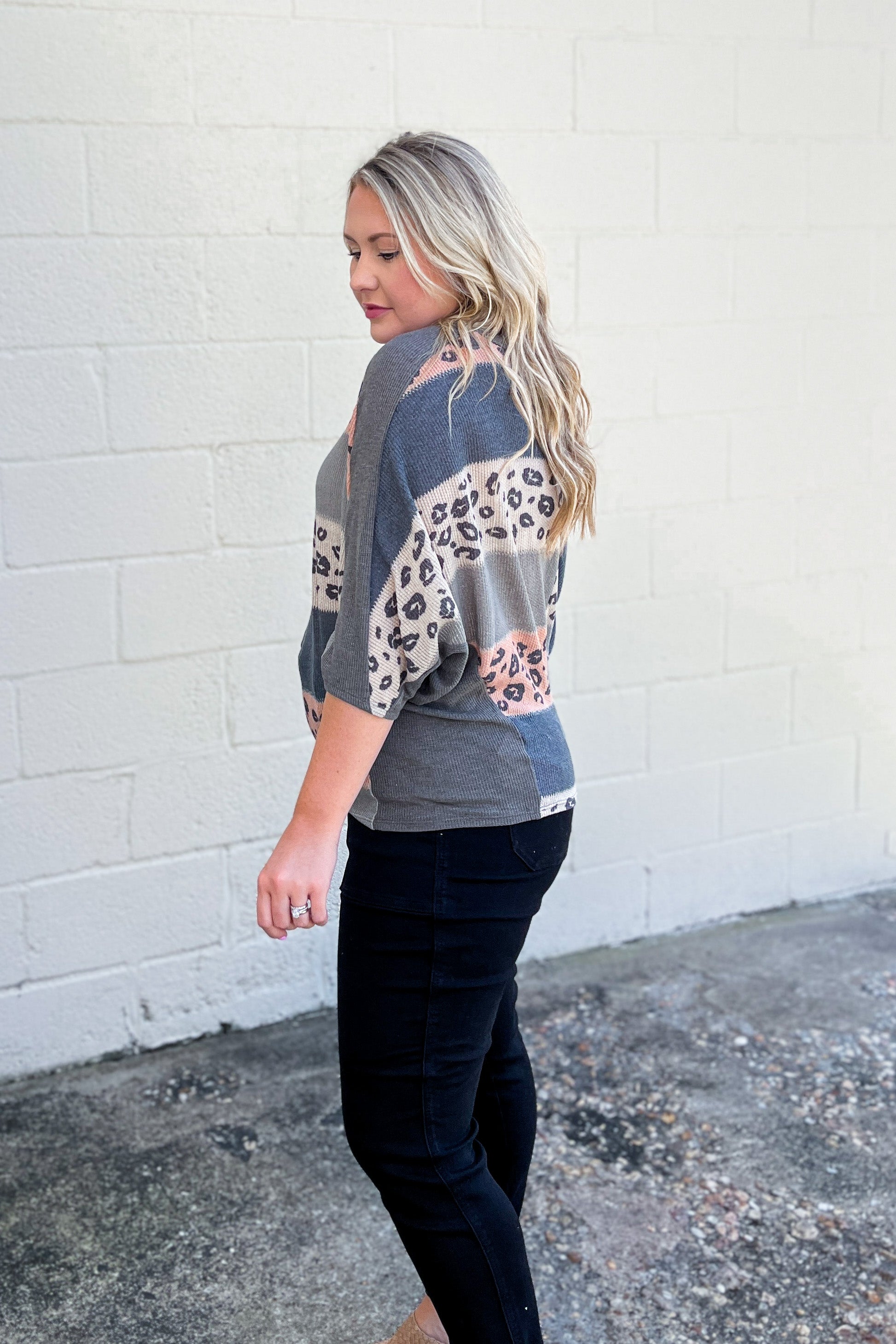 Let's Be Clear Color Block Leopard Dolman Top