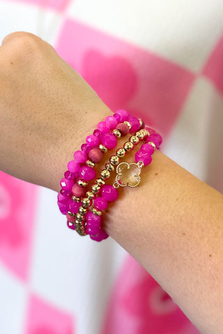 Set of Four Faceted Beaded Stretch Bracelets With Crystal Clover Station, Fushsia