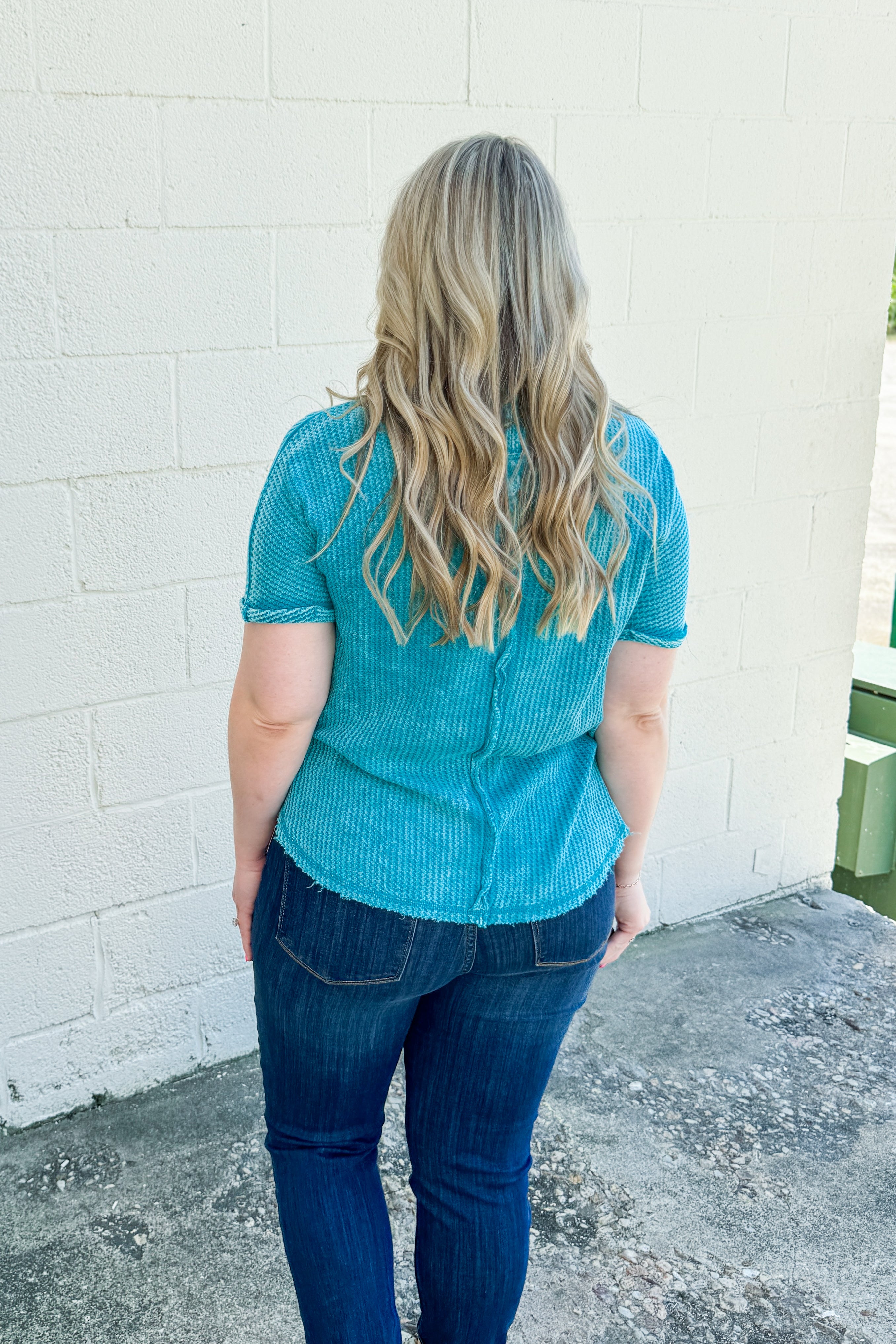 Back Then Right Now Waffle Knit Top, Light Teal