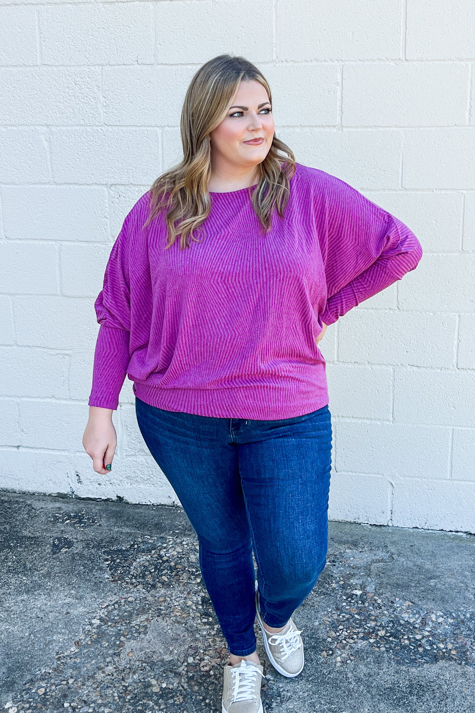 A New Light Waffle Knit Dolman Top, Eggplant