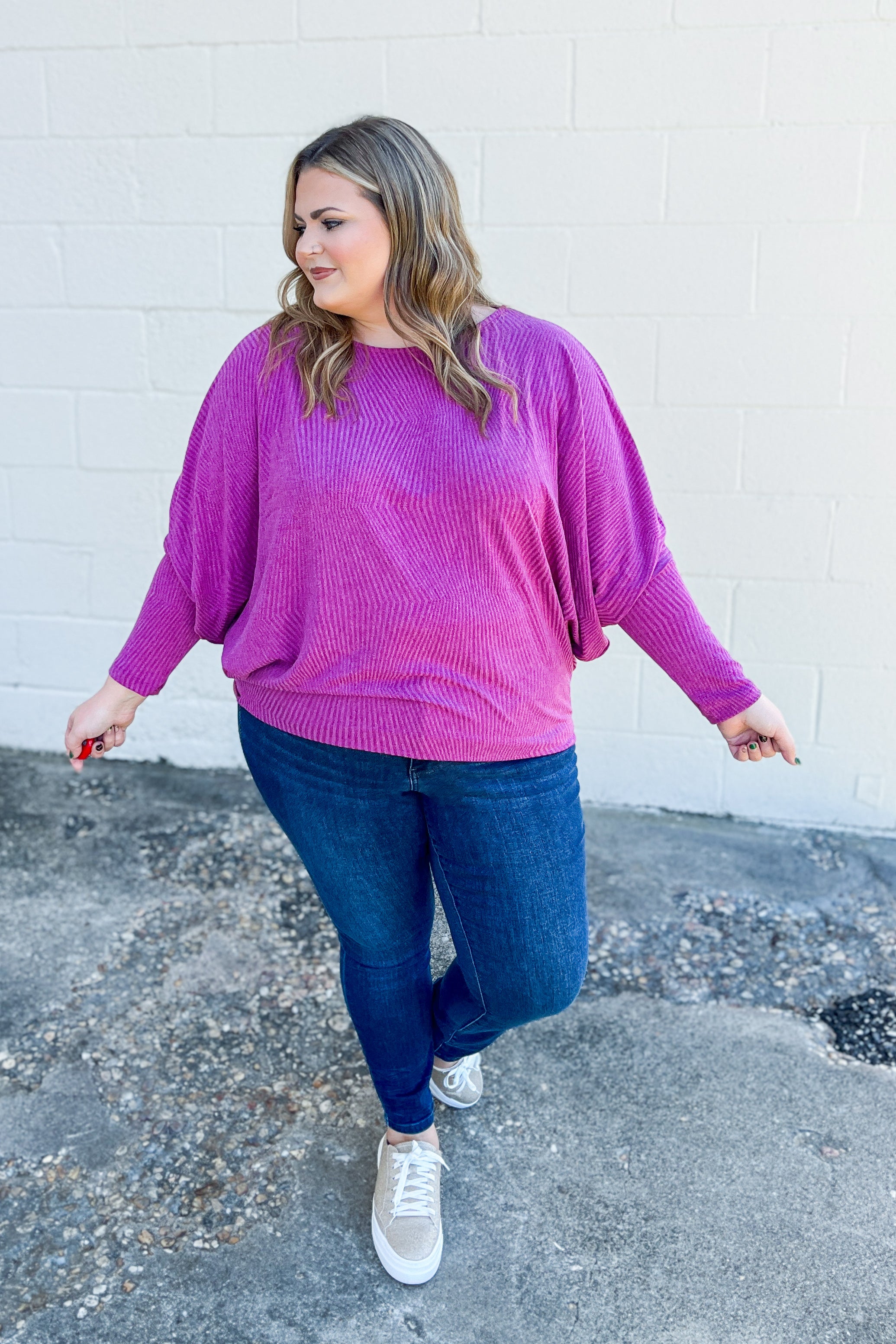 A New Light Waffle Knit Dolman Top, Eggplant