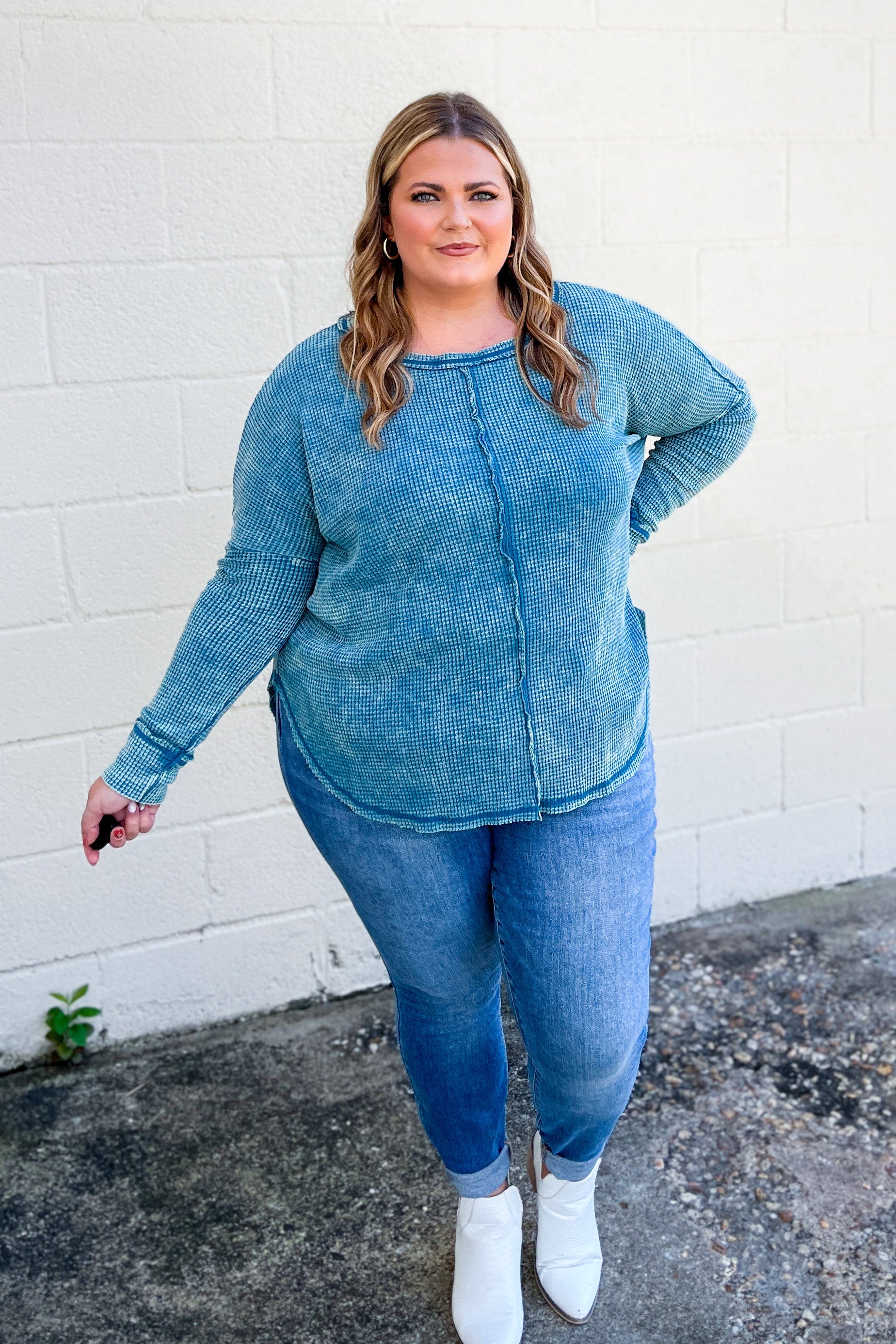 Jordan Waffle Knit Long Sleeve Top, Teal