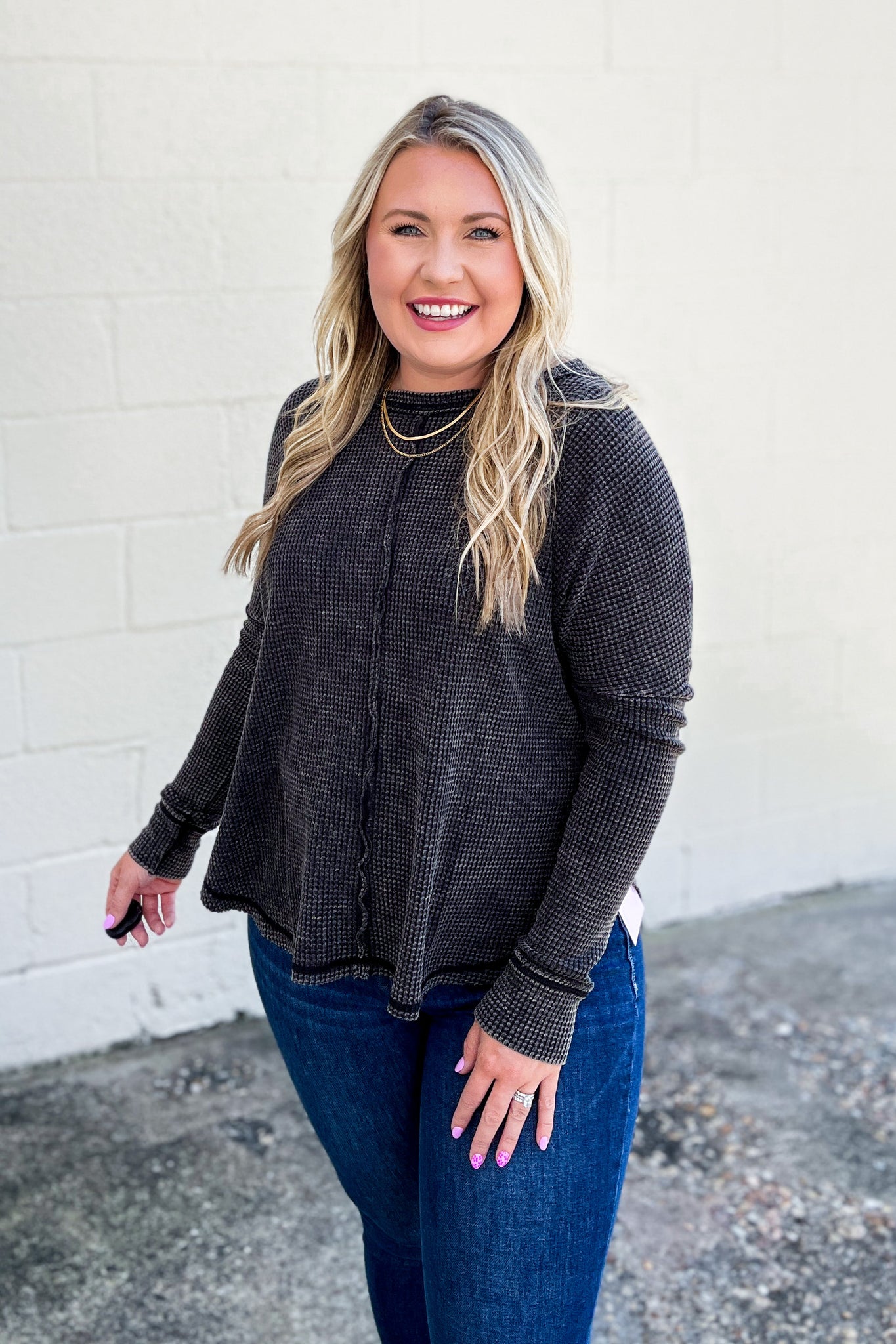Jordan Waffle Knit Long Sleeve Top, Ash Black
