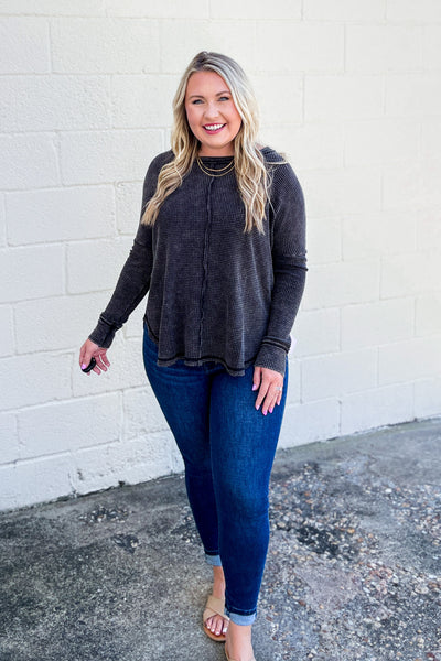 Jordan Waffle Knit Long Sleeve Top, Ash Black