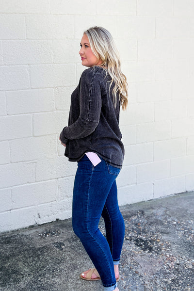 Jordan Waffle Knit Long Sleeve Top, Ash Black