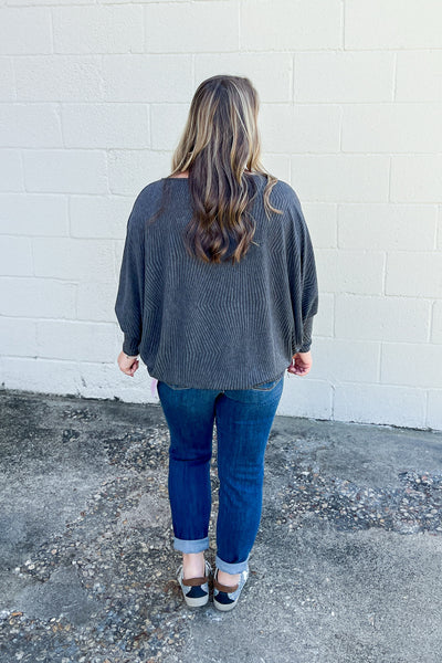 A New Light Waffle Knit Dolman Top, Charcoal