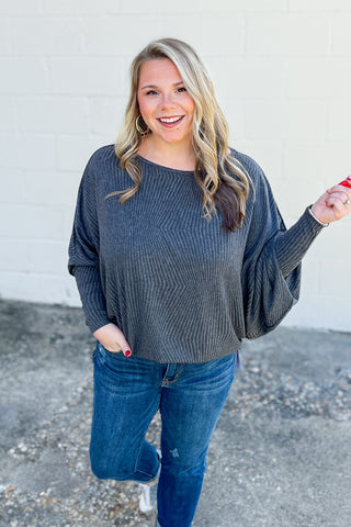 A New Light Waffle Knit Dolman Top, Charcoal