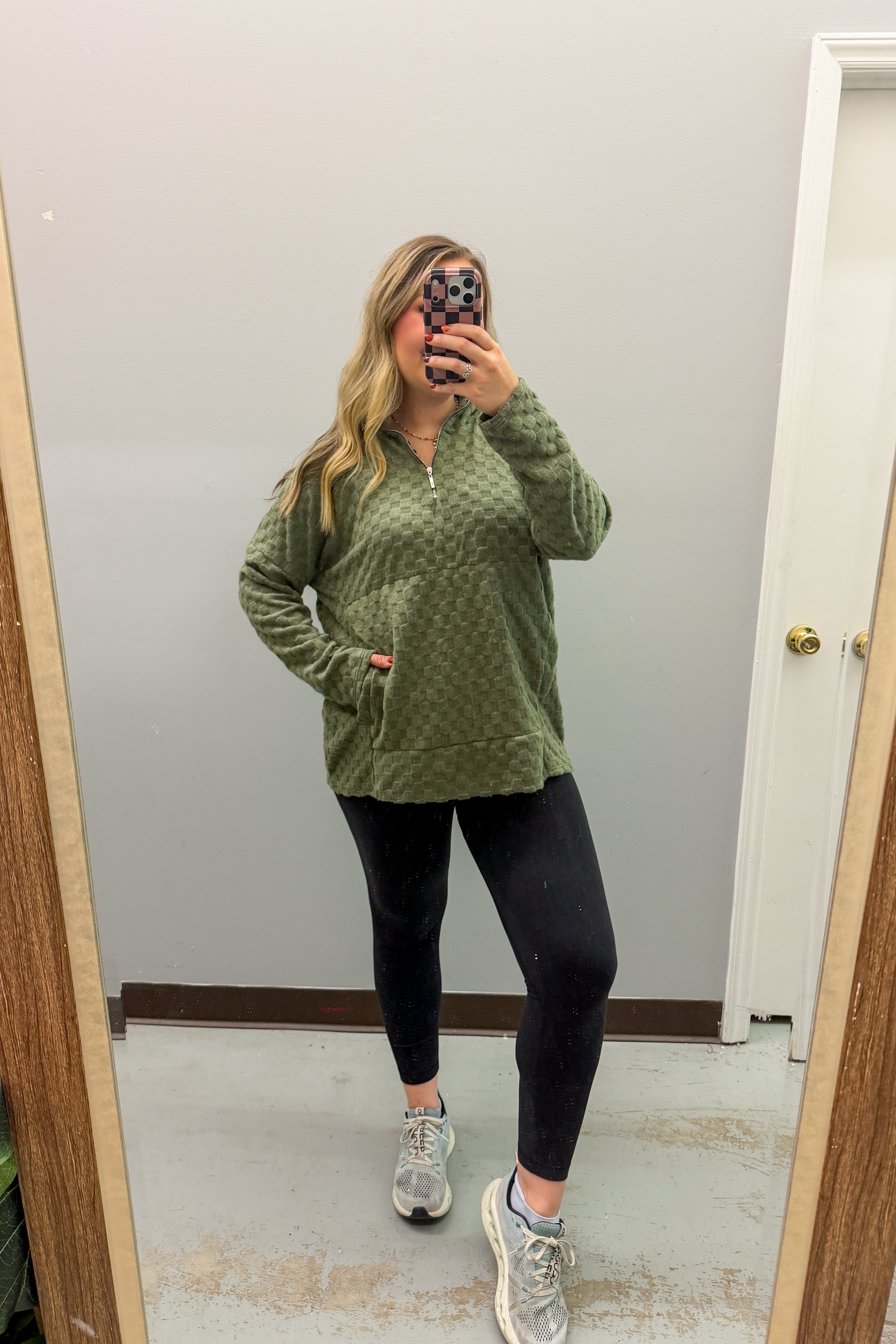 Olive Grove Checker Quarter Zip Pullover Top