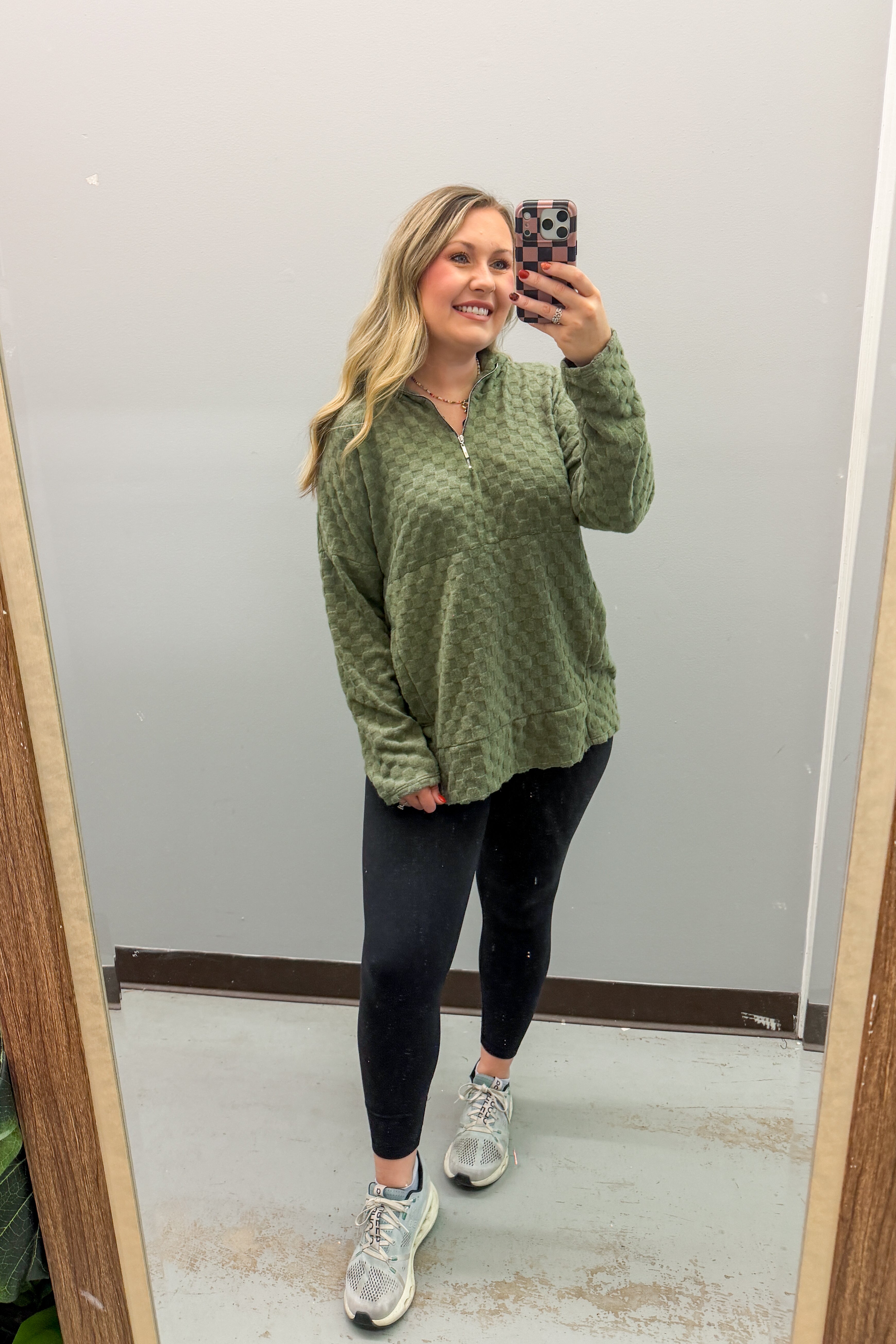 Olive Grove Checker Quarter Zip Pullover Top