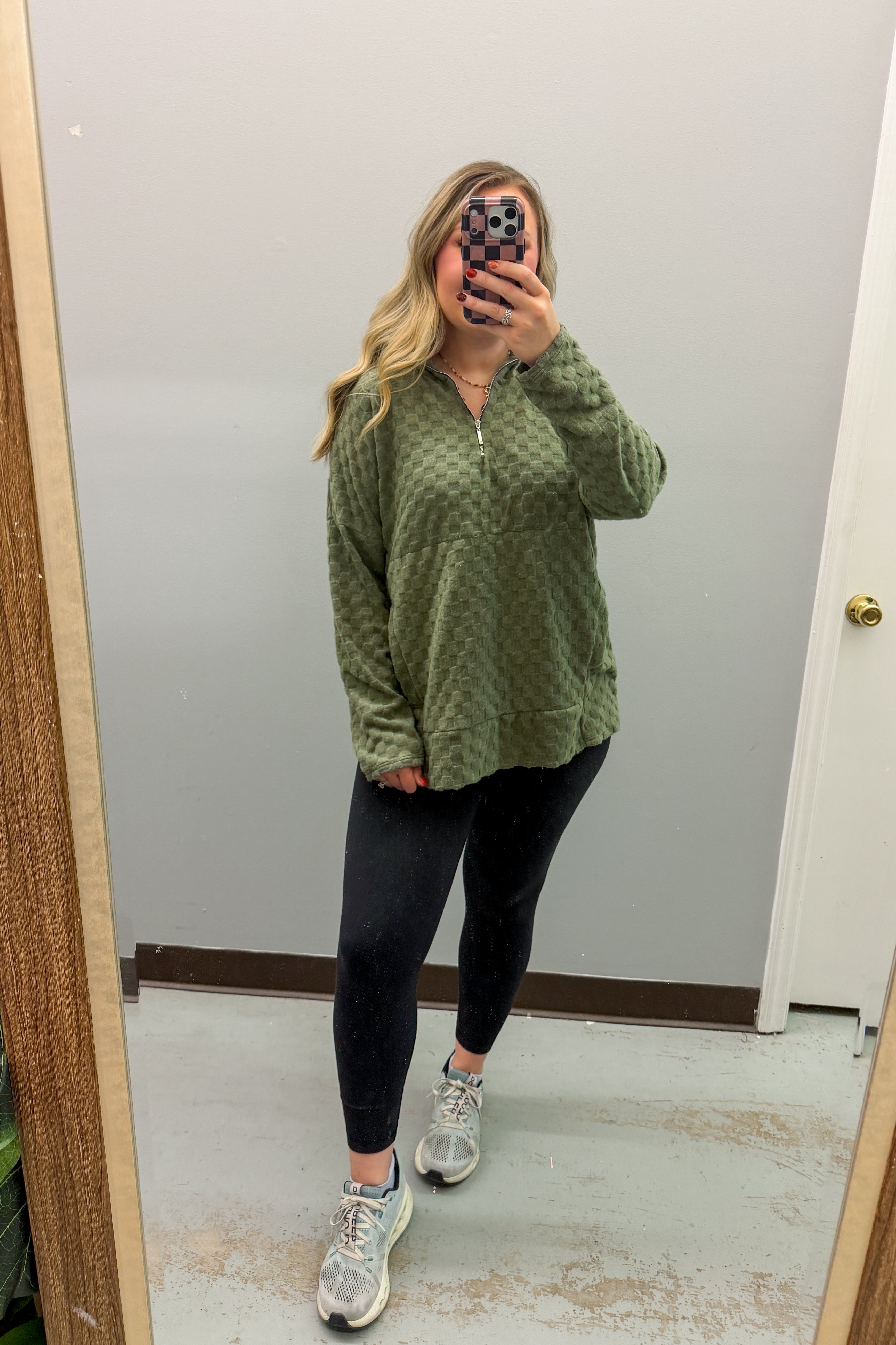 Olive Grove Checker Quarter Zip Pullover Top