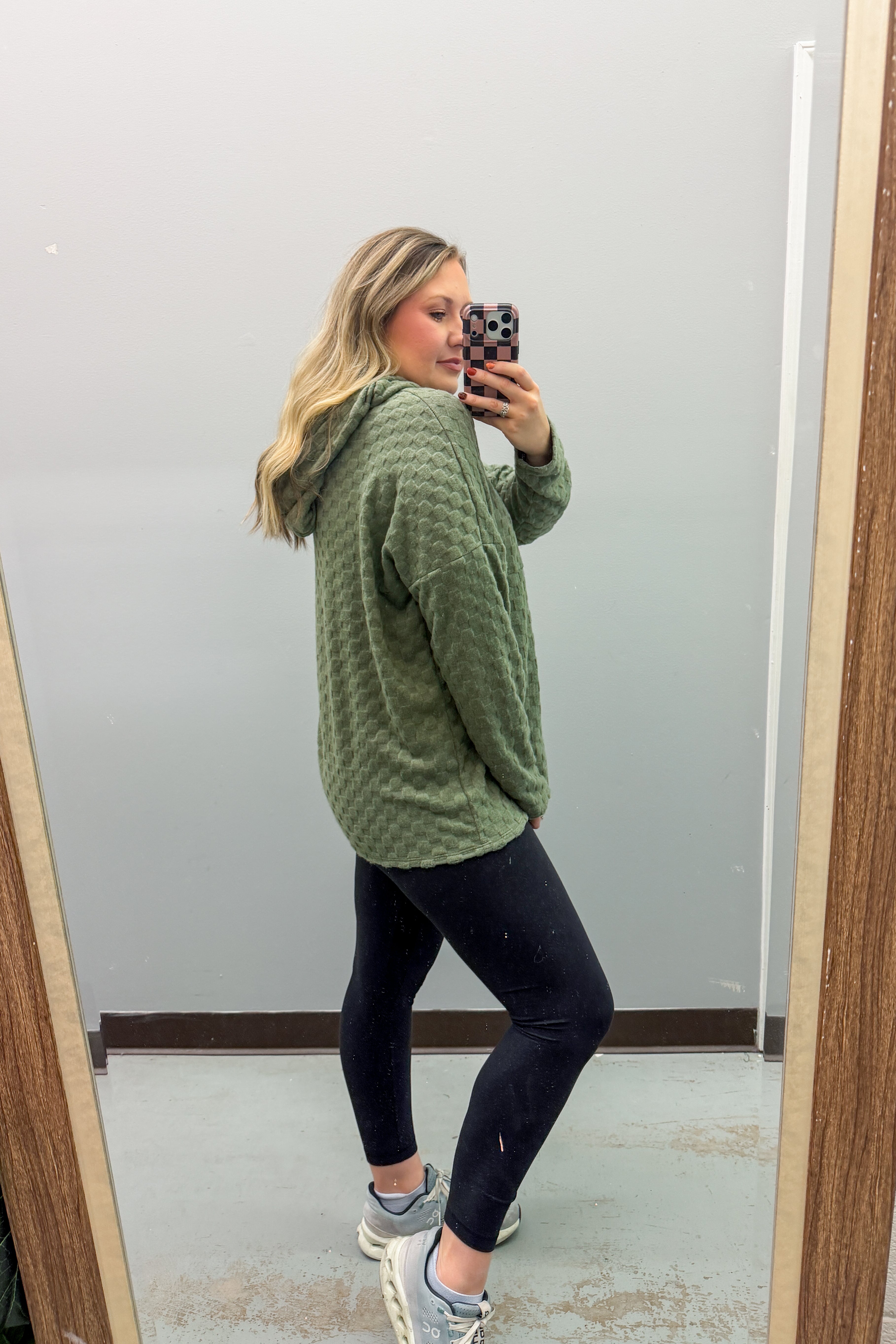 Olive Grove Checker Quarter Zip Pullover Top