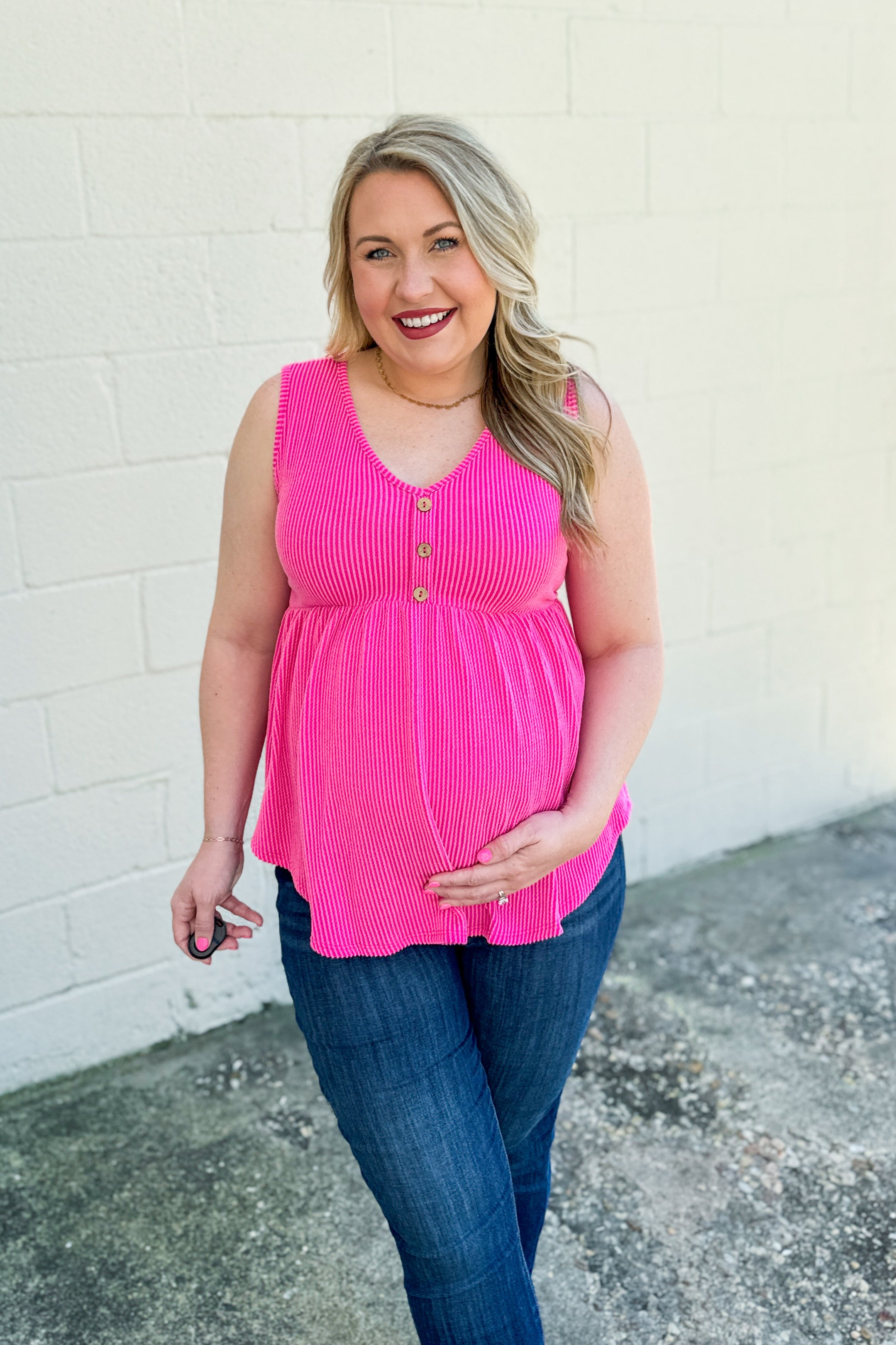 Same Road Home Button Tank Top, Hot Pink