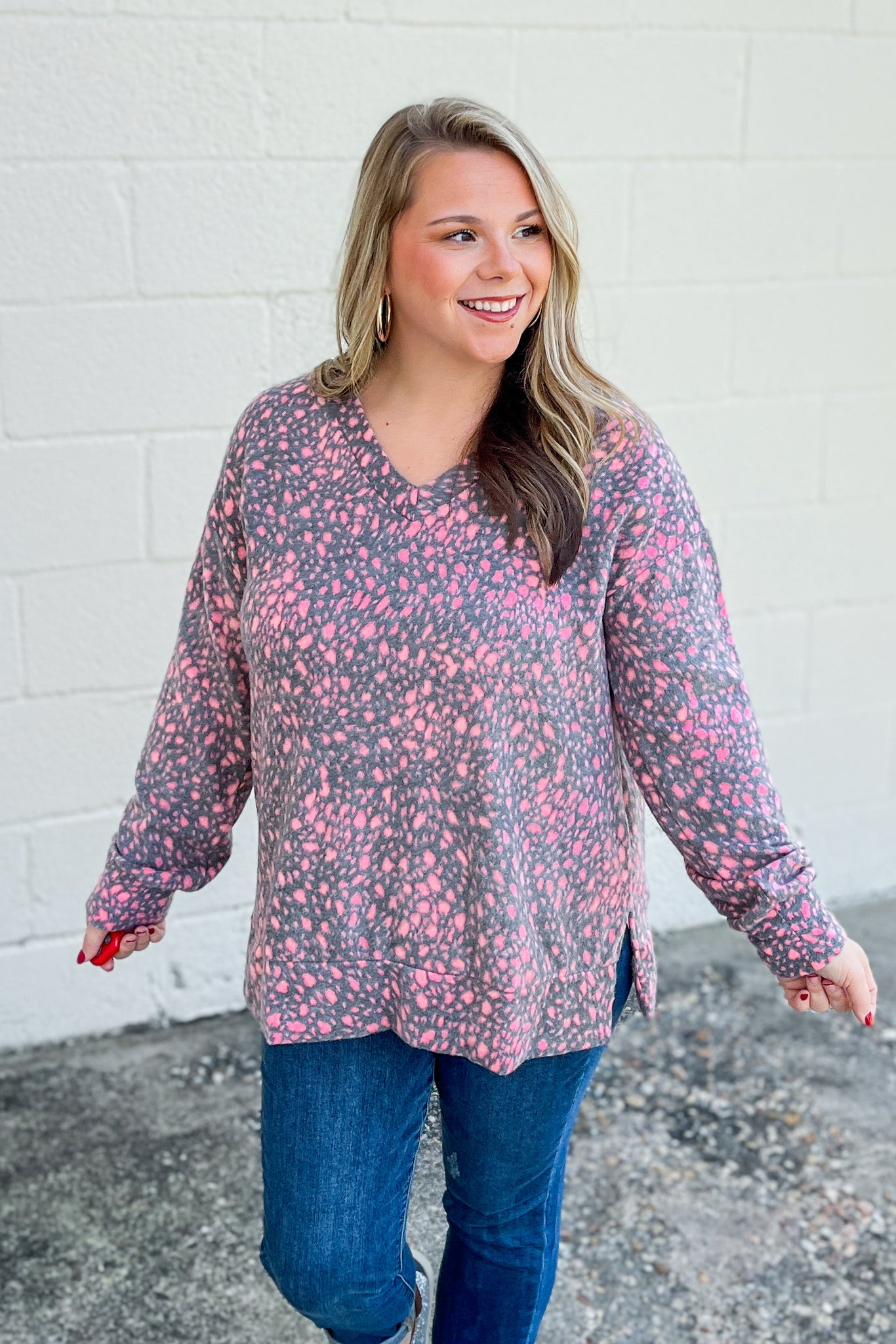 Casual Beauty Spotted Top, Charcoal Pink