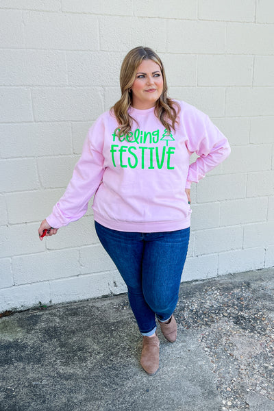 Feeling Festive Sweatshirt, Pink with Green Ink
