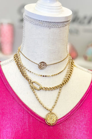 Layered Necklace with Coin Medallions, Neutral Beads