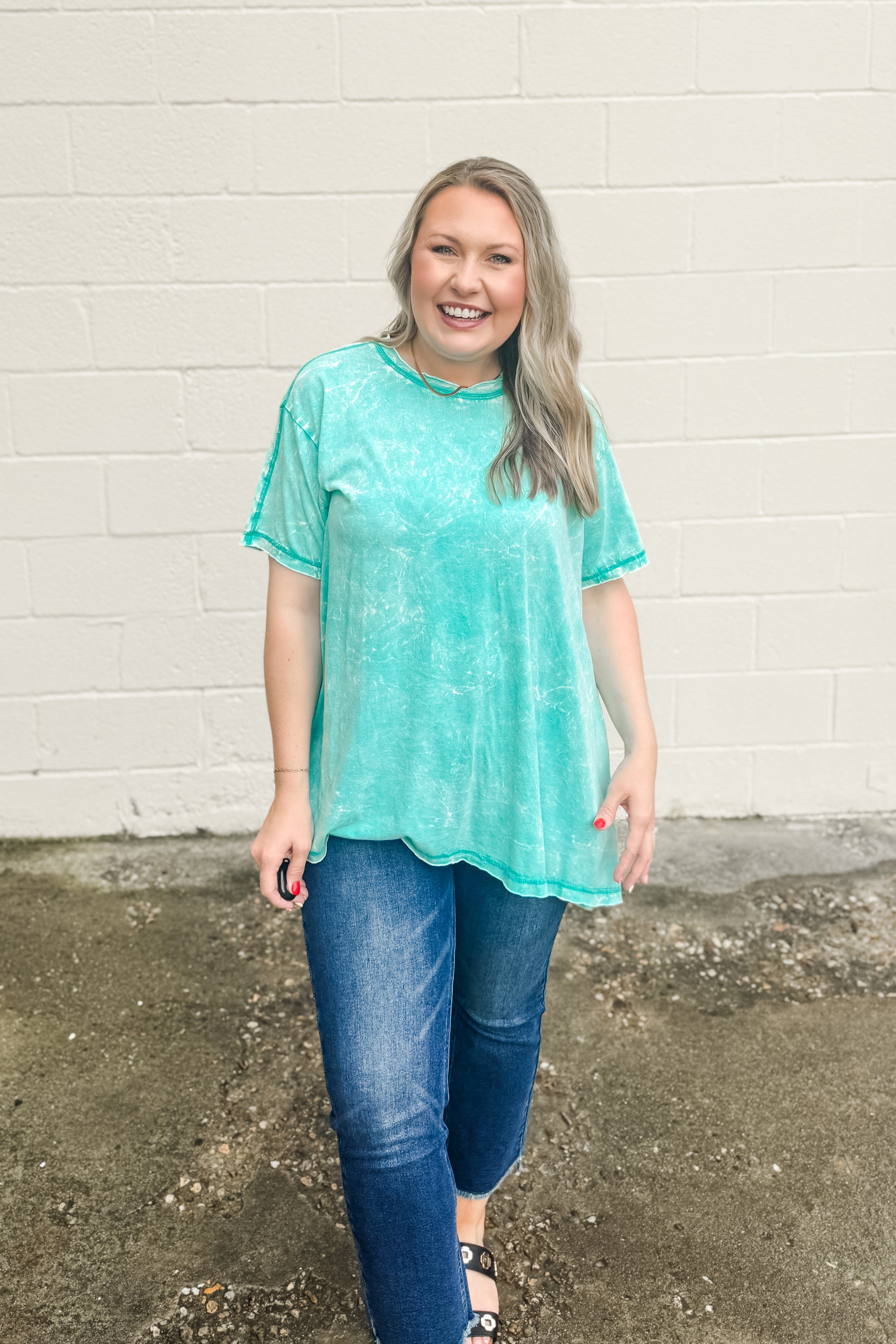 Issac Mineral Washed Oversized Top, Turquoise