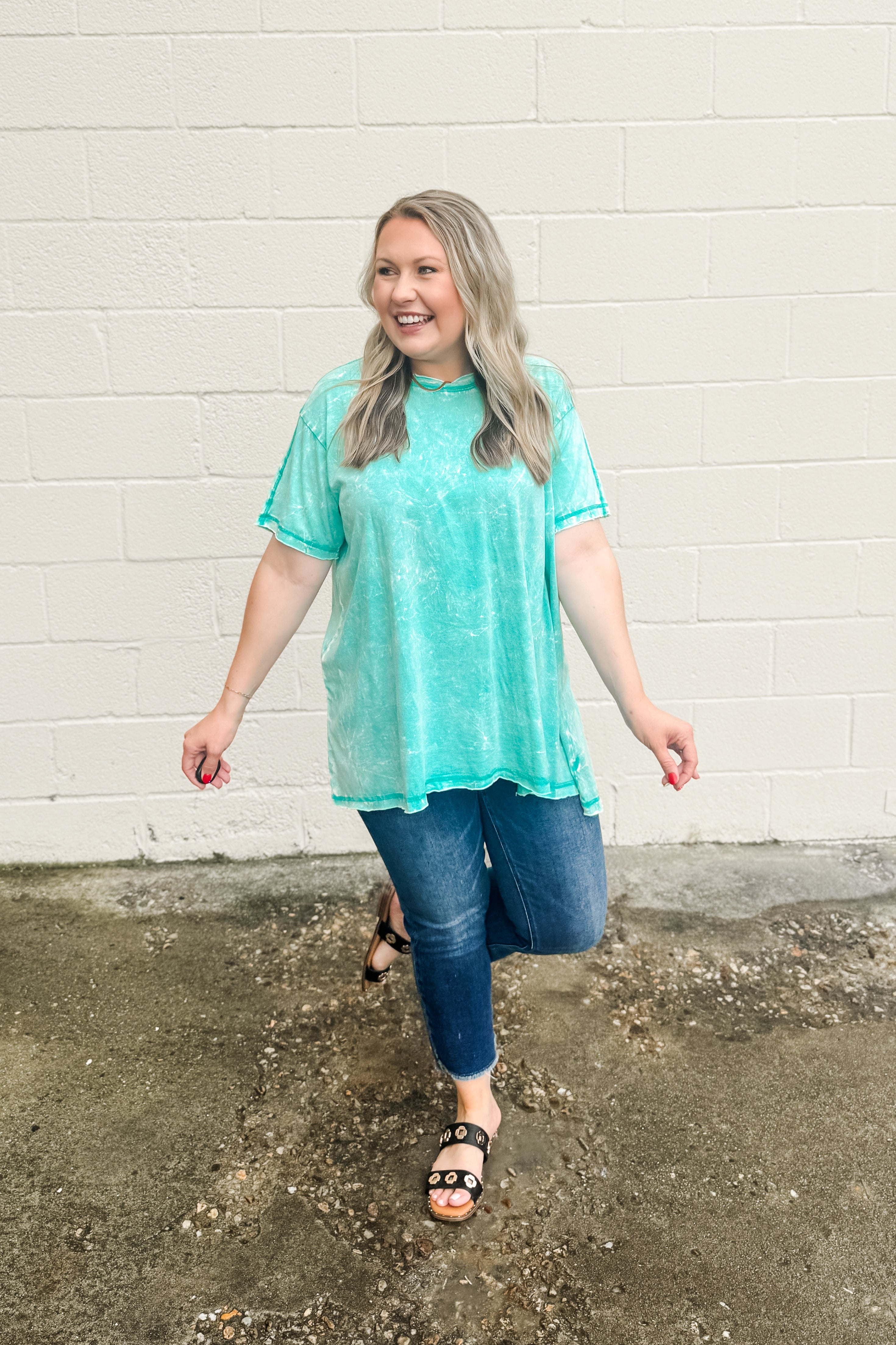 Issac Mineral Washed Oversized Top, Turquoise