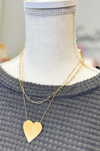Layered Chain Necklace with Heart Pendent, Gold