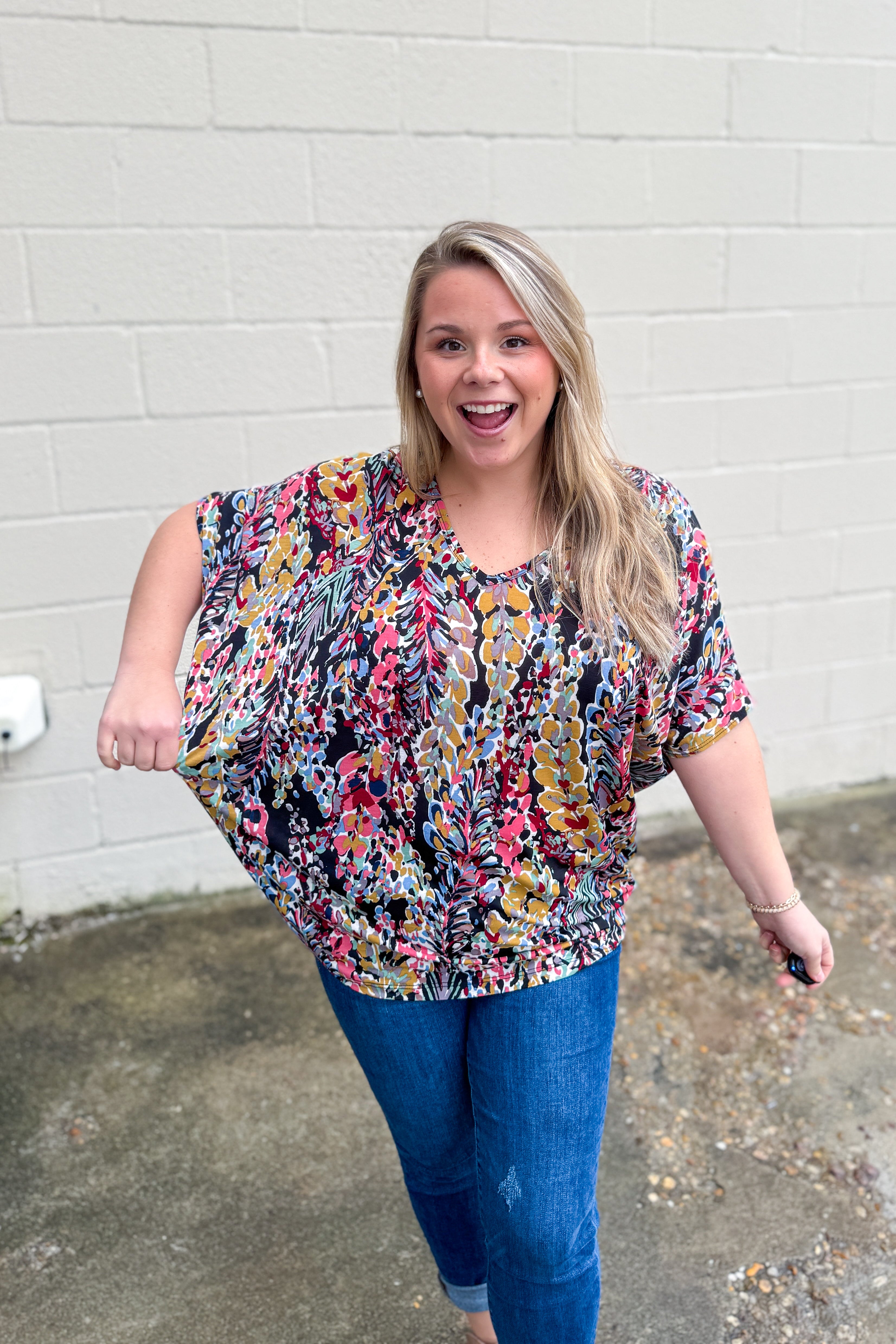 Lost In The Colors Floral Dolman Top, Black