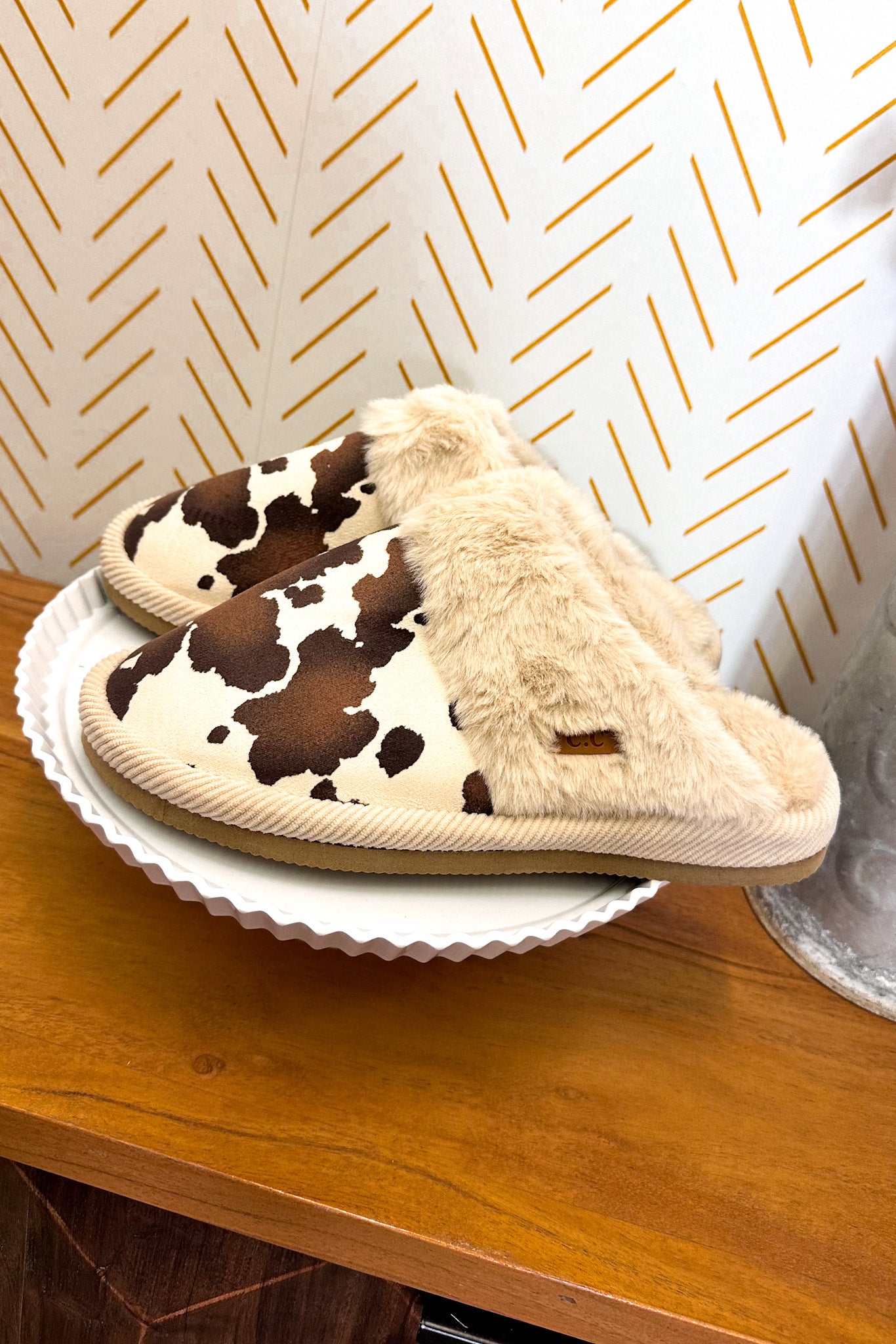 Cow Print Faux Fur Slippers