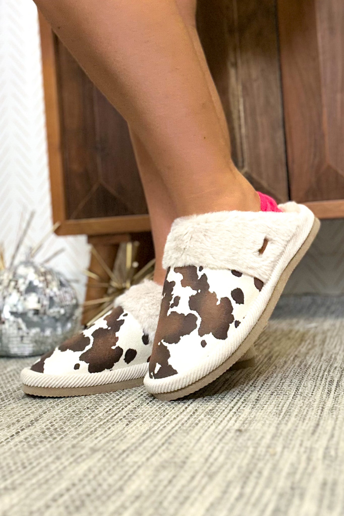 Cow Print Faux Fur Slippers