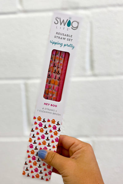 Hey Boo + Pink Glitter Reusable Straw Set