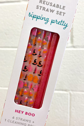 Hey Boo + Pink Glitter Reusable Straw Set