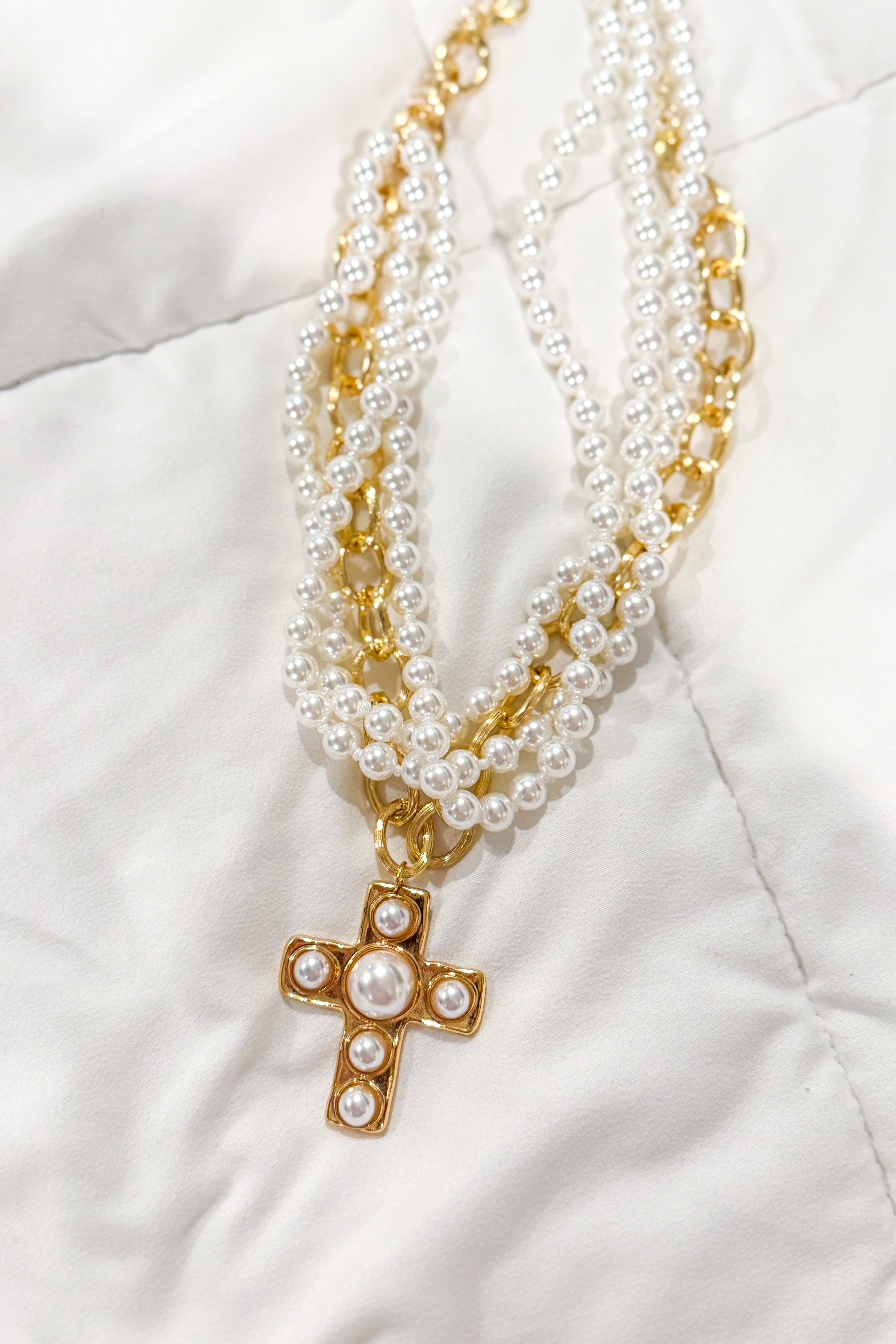 Pearl Layered Cross Necklace