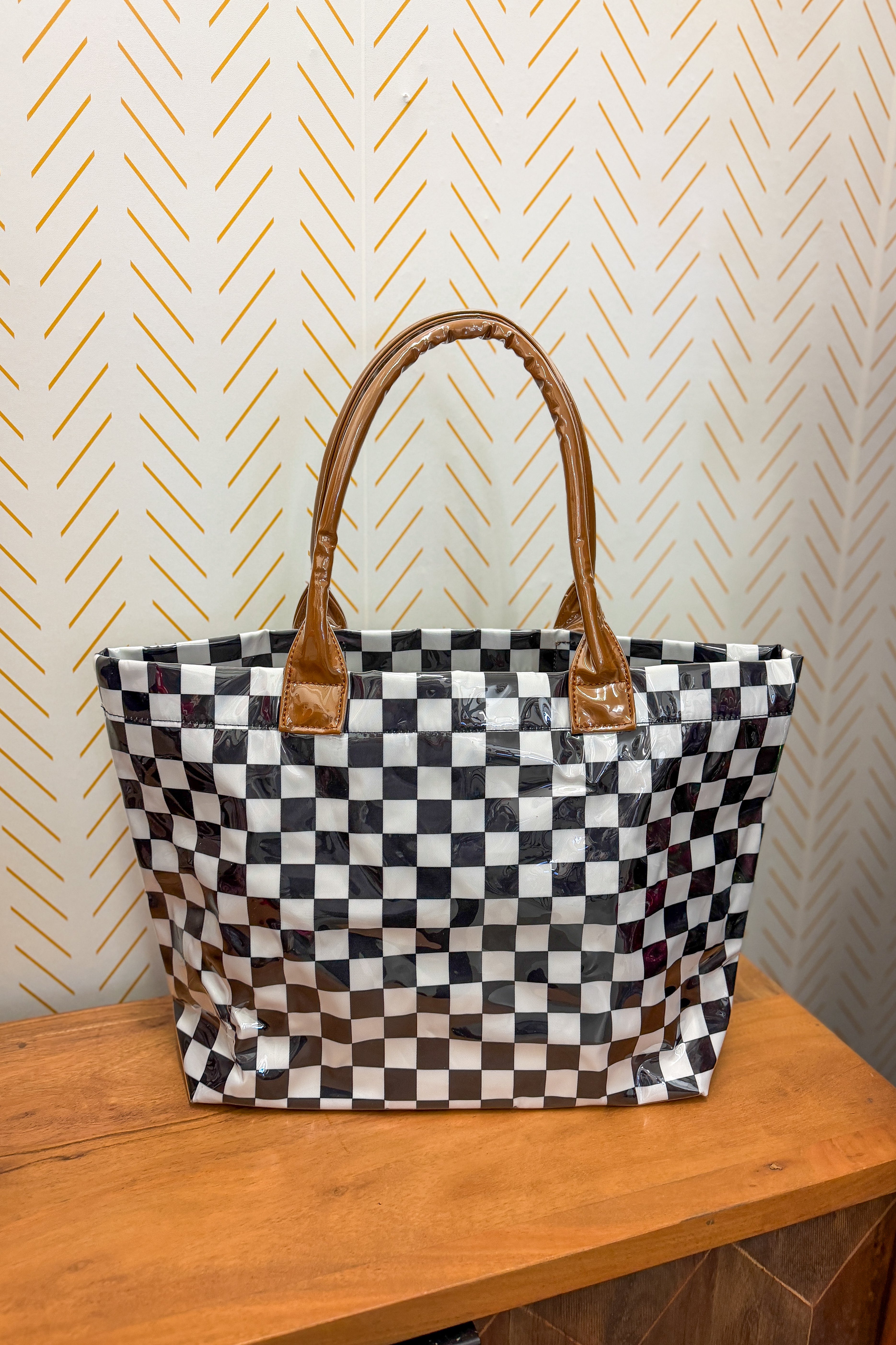 PVC Checkered Tote Bag, Black/White