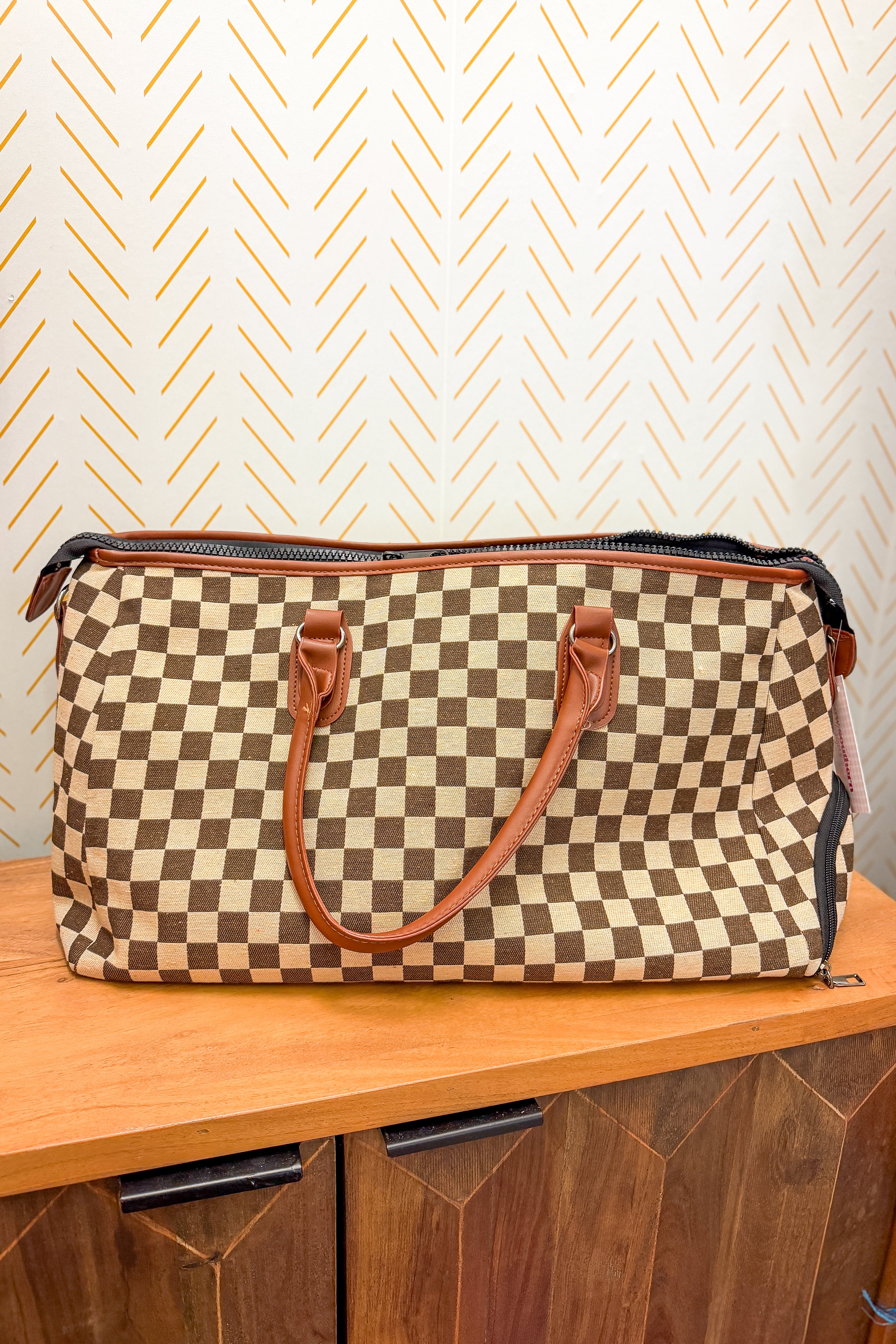 Checkered Weekender Bag, Tan/Brown