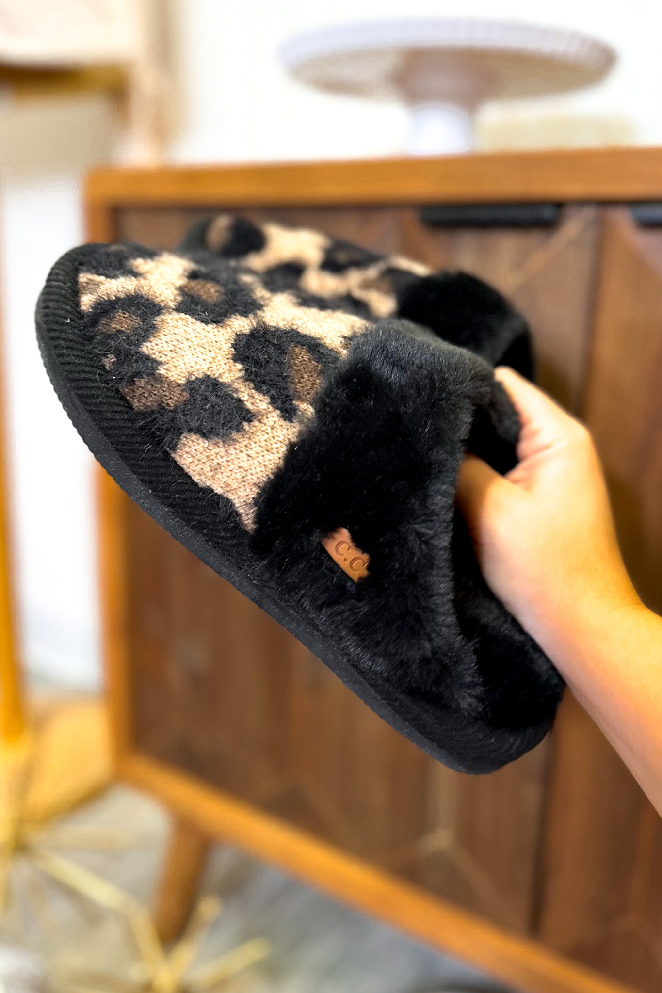 Knit Leopard Print Slippers