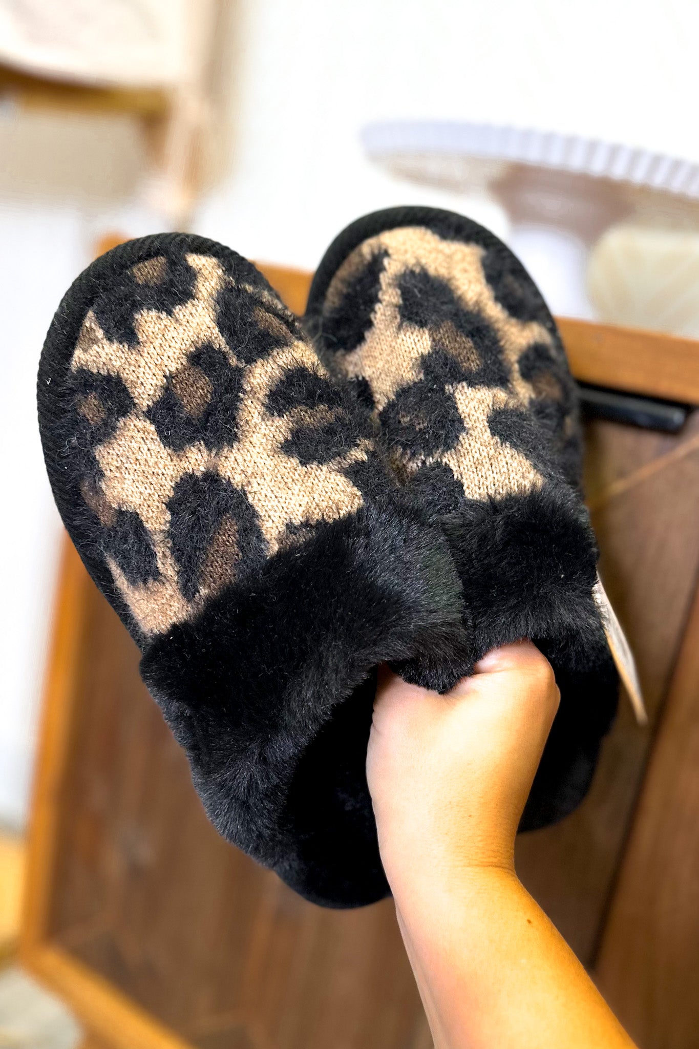 Knit Leopard Print Slippers