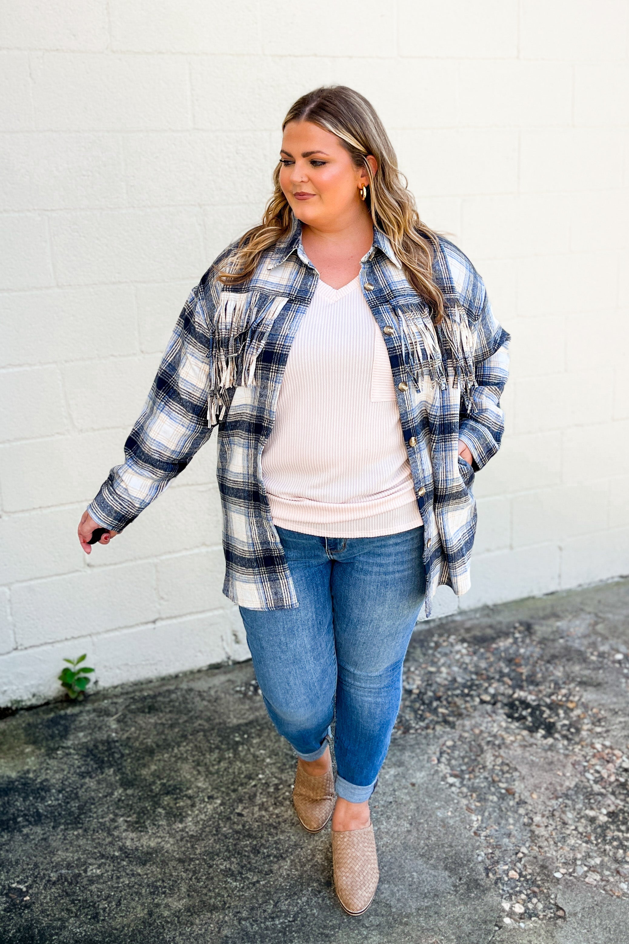 Easy Moves Plaid Fringe Shacket Top