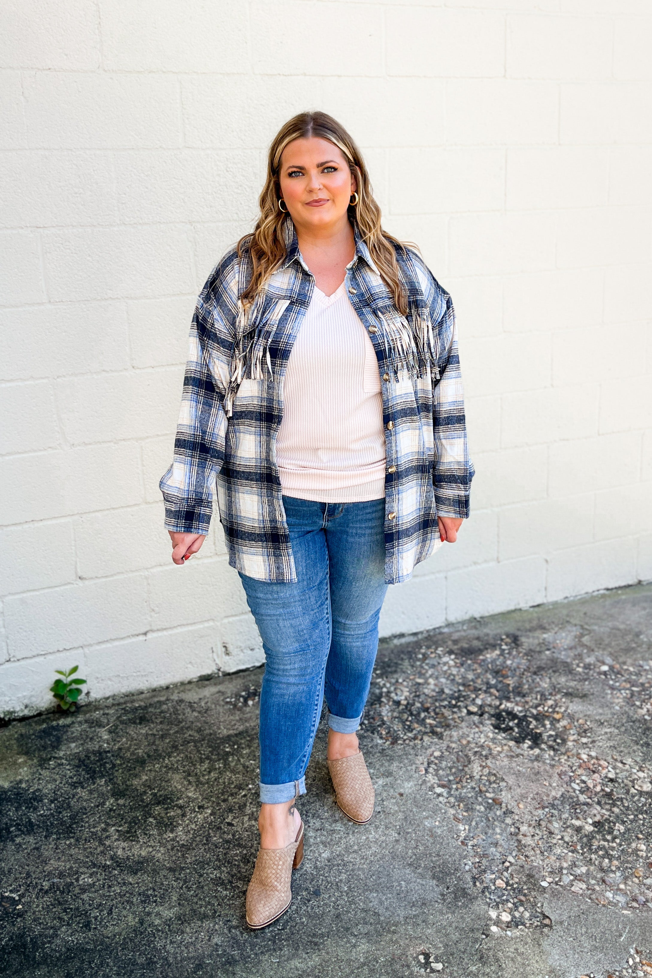 Easy Moves Plaid Fringe Shacket Top