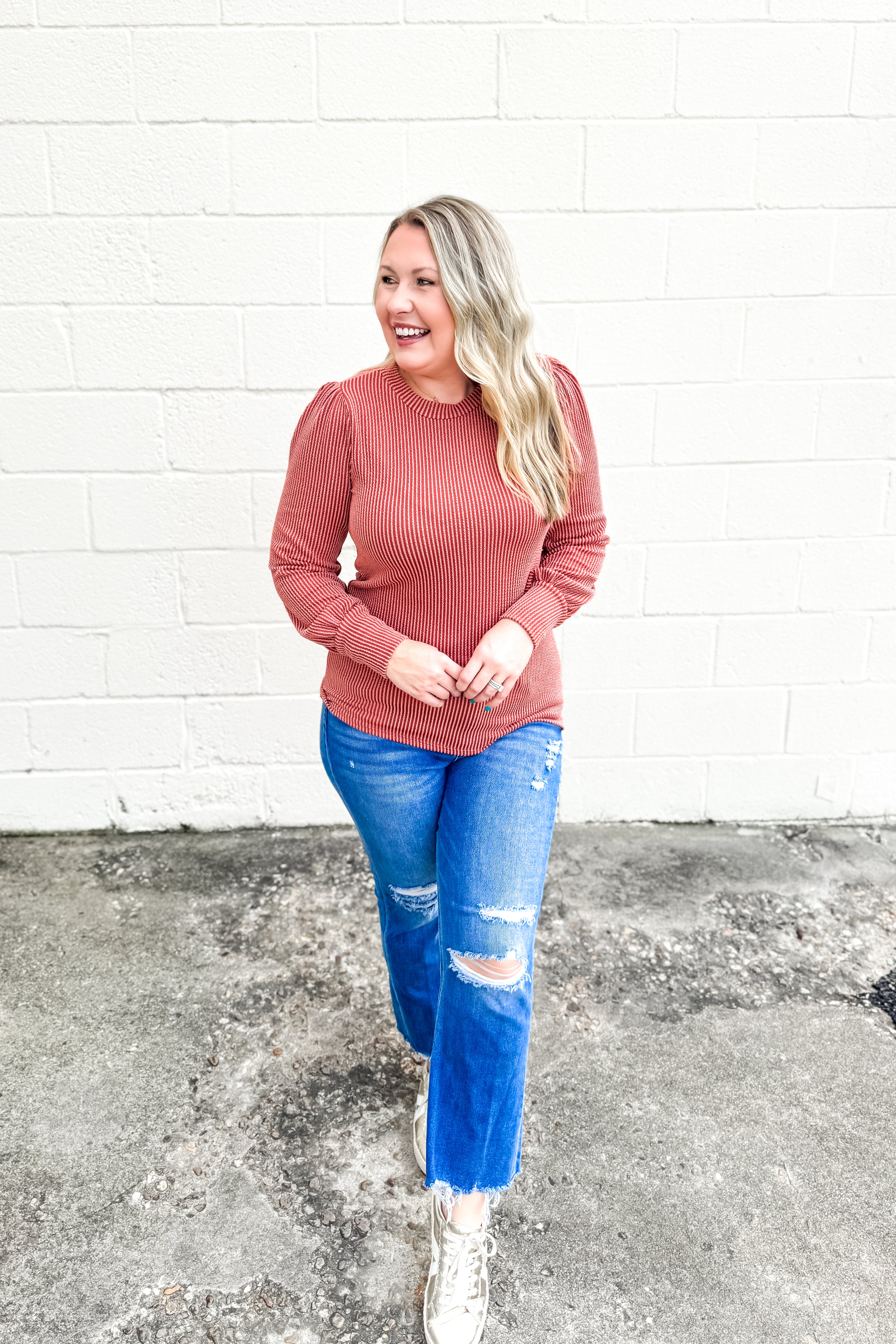 Autumn Cozy Ribbed Top, Rust