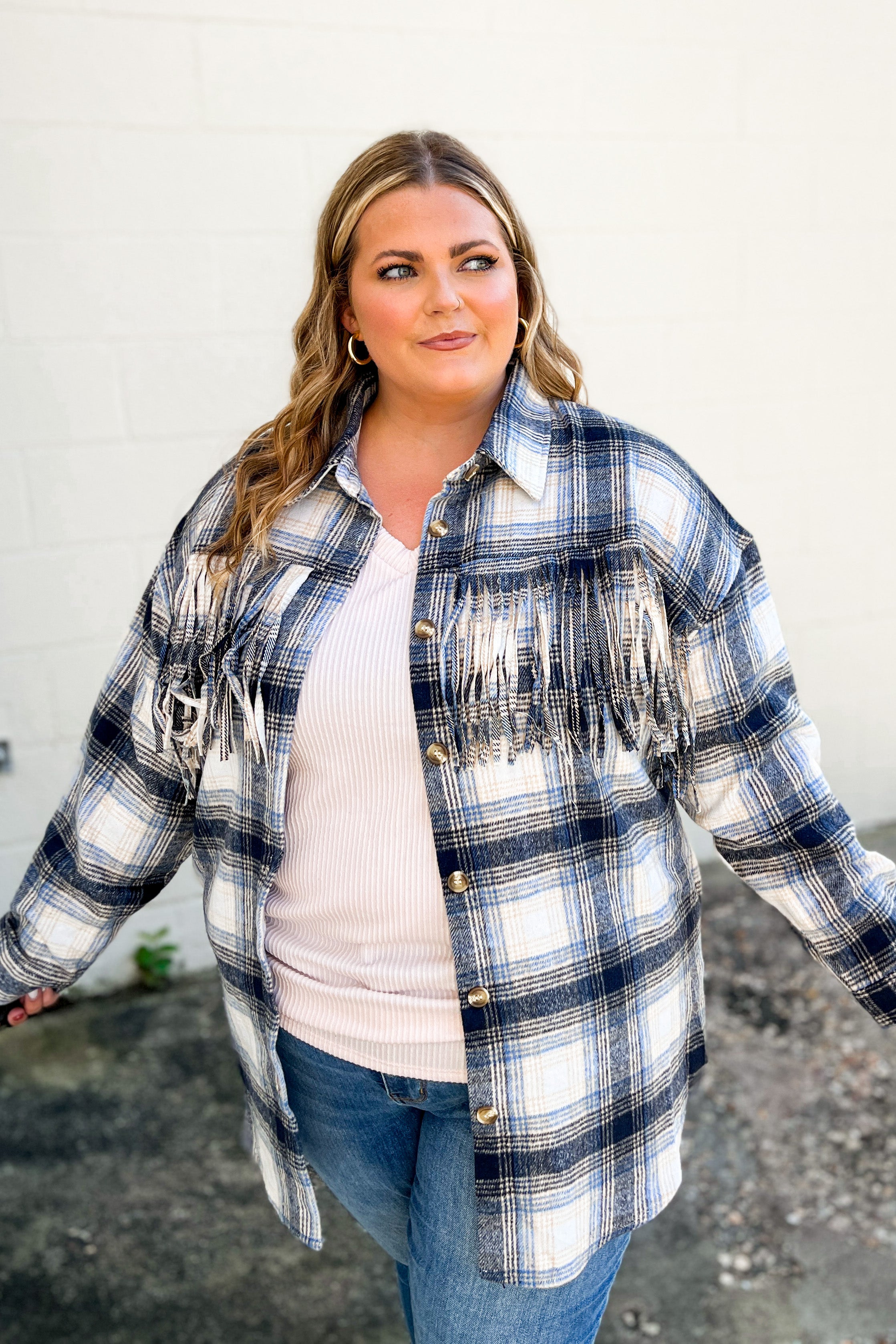 Easy Moves Plaid Fringe Shacket Top