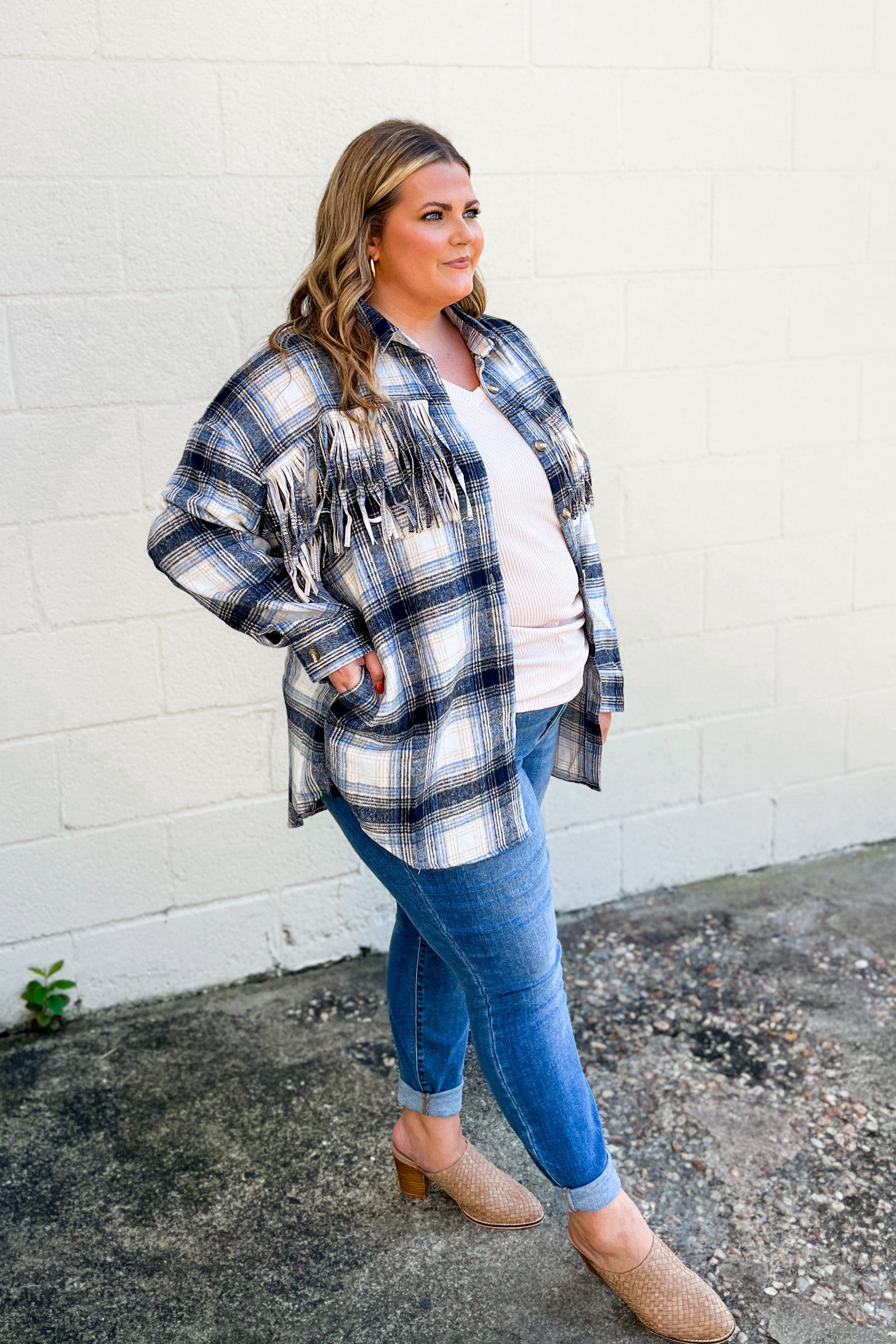 Easy Moves Plaid Fringe Shacket Top