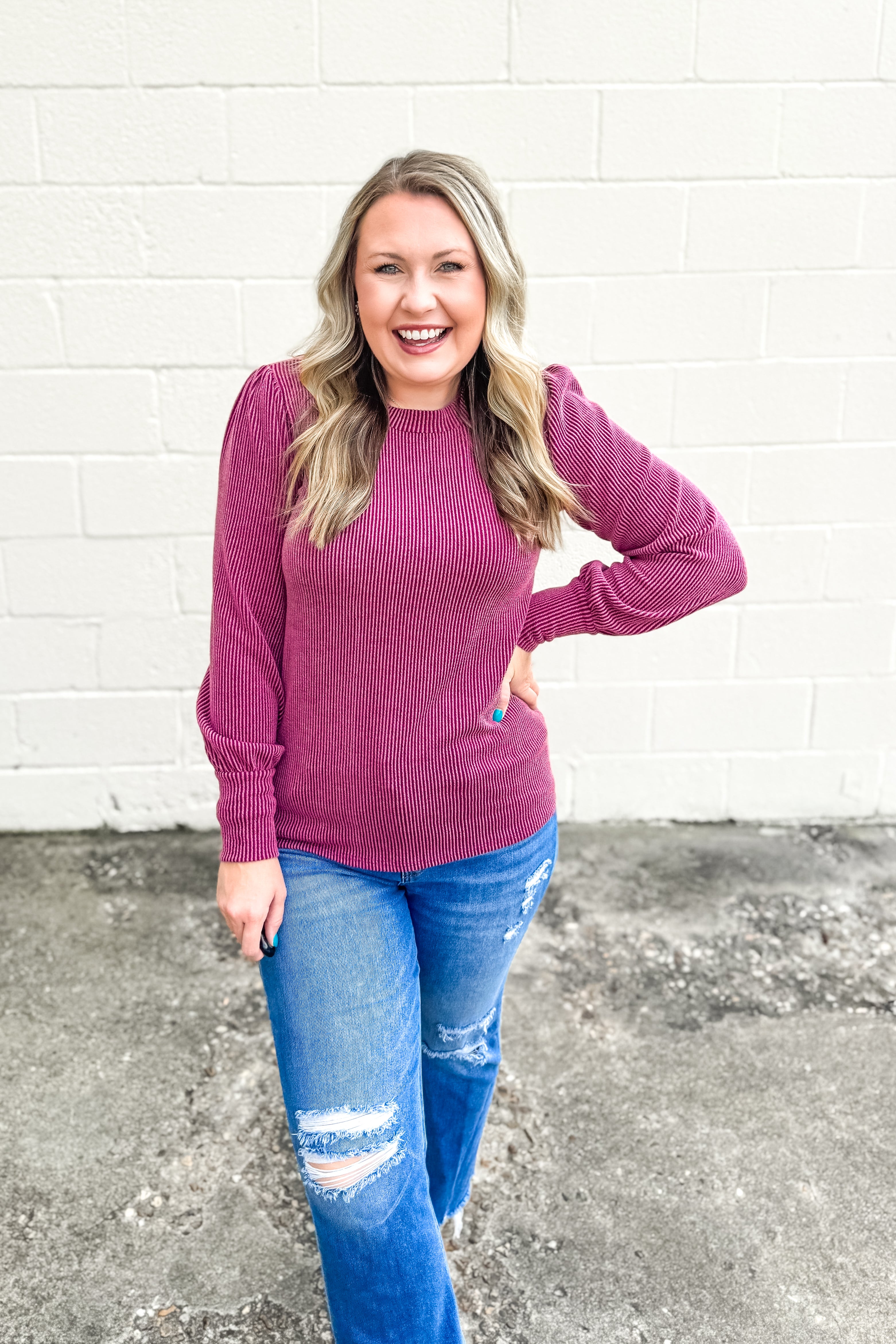 Autumn Cozy Ribbed Top, Burgundy
