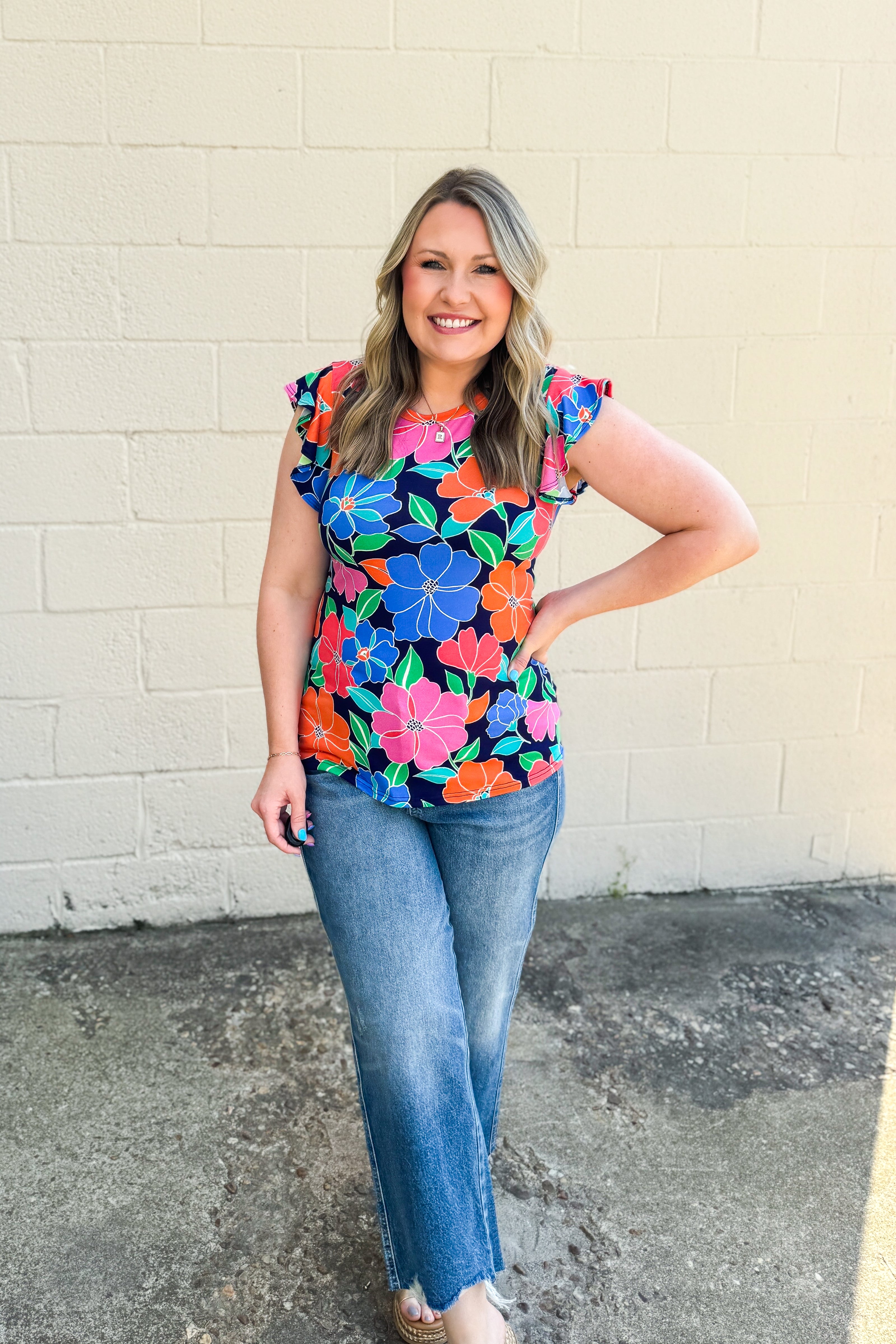 Best In Bloom Ruffle Sleeve Top, Navy