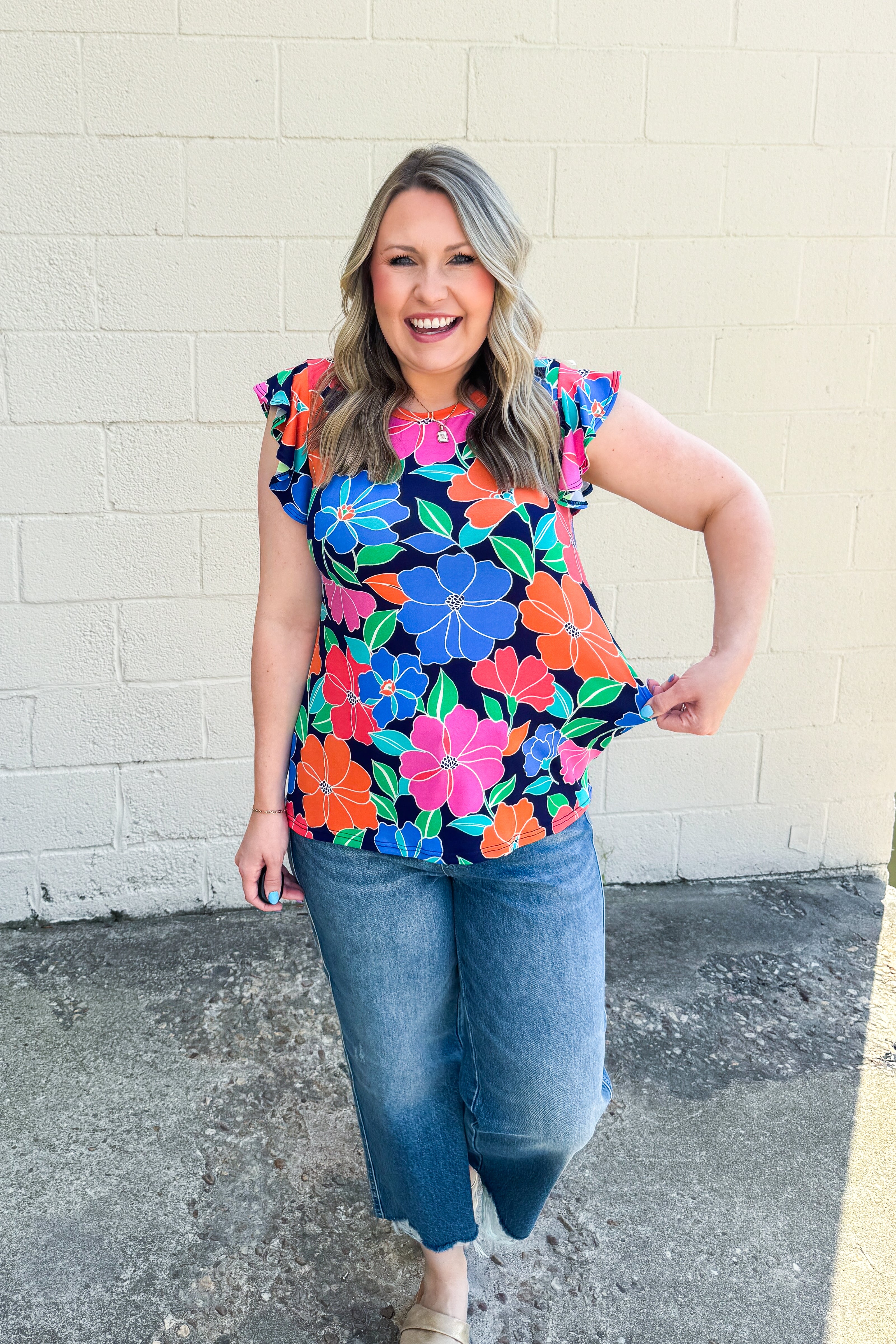 Best In Bloom Ruffle Sleeve Top, Navy