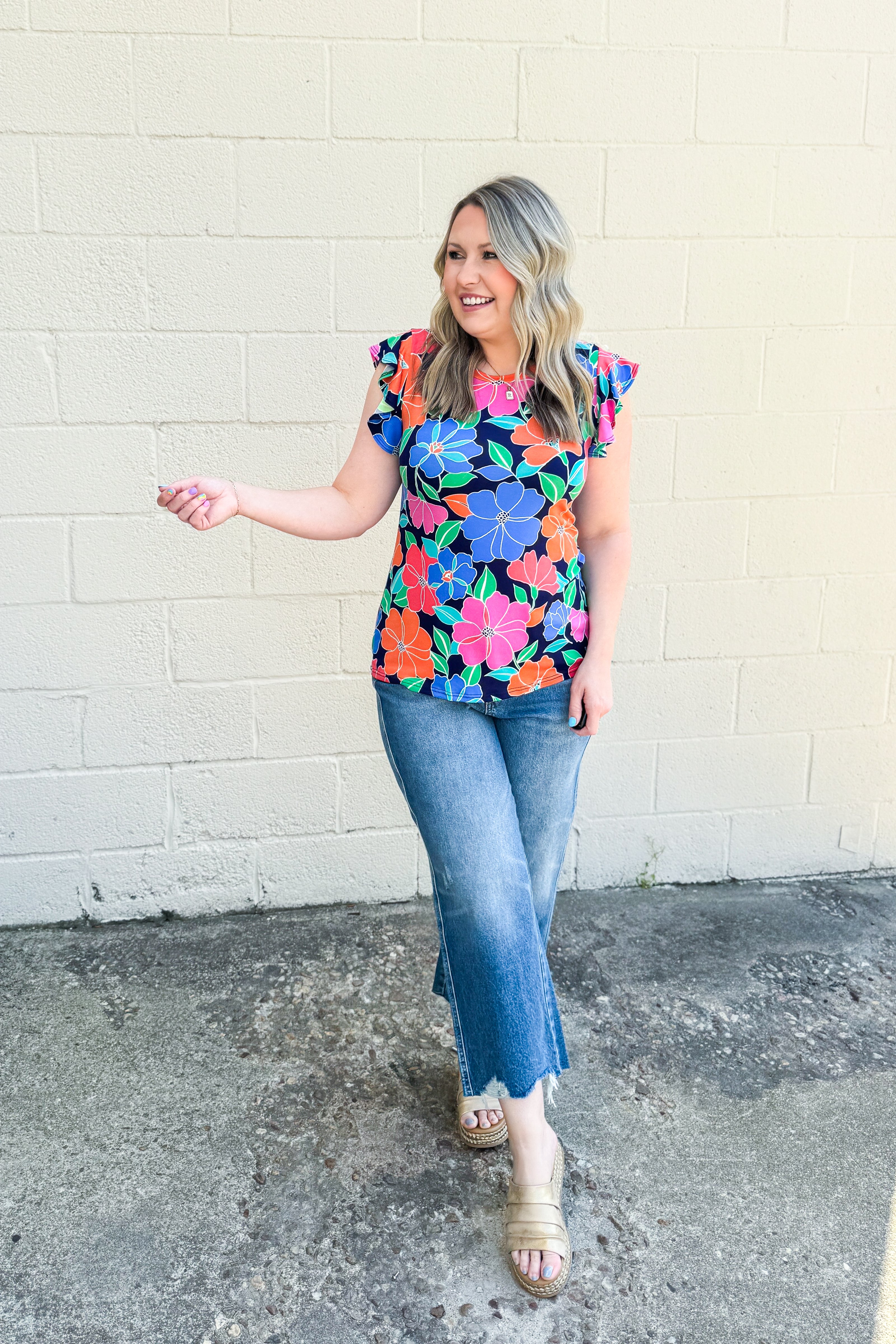 Best In Bloom Ruffle Sleeve Top, Navy