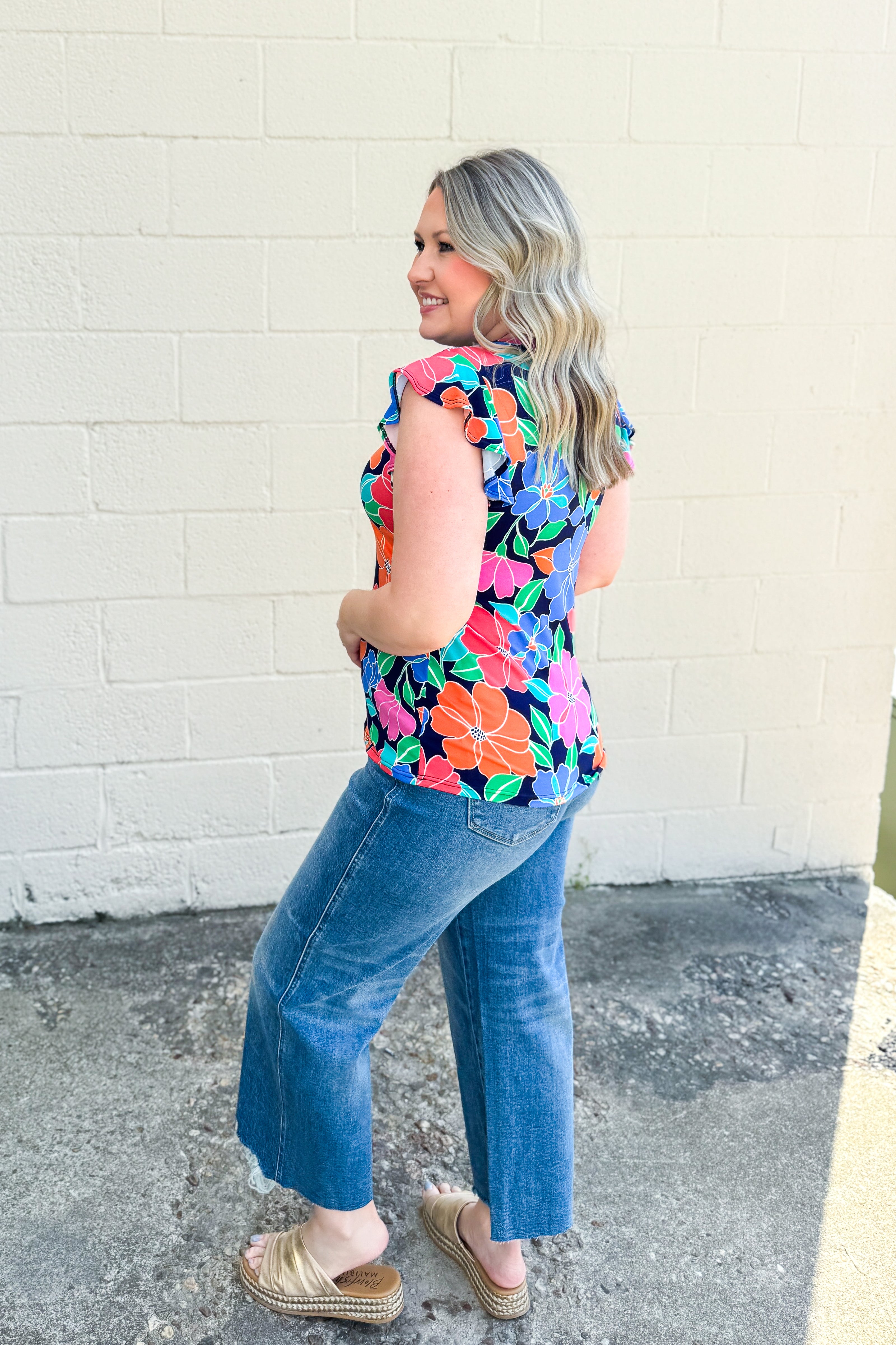 Best In Bloom Ruffle Sleeve Top, Navy