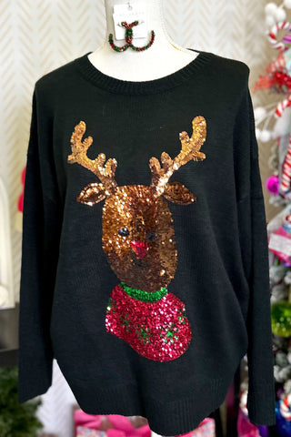 Reindeer Sequin Sweater, Black