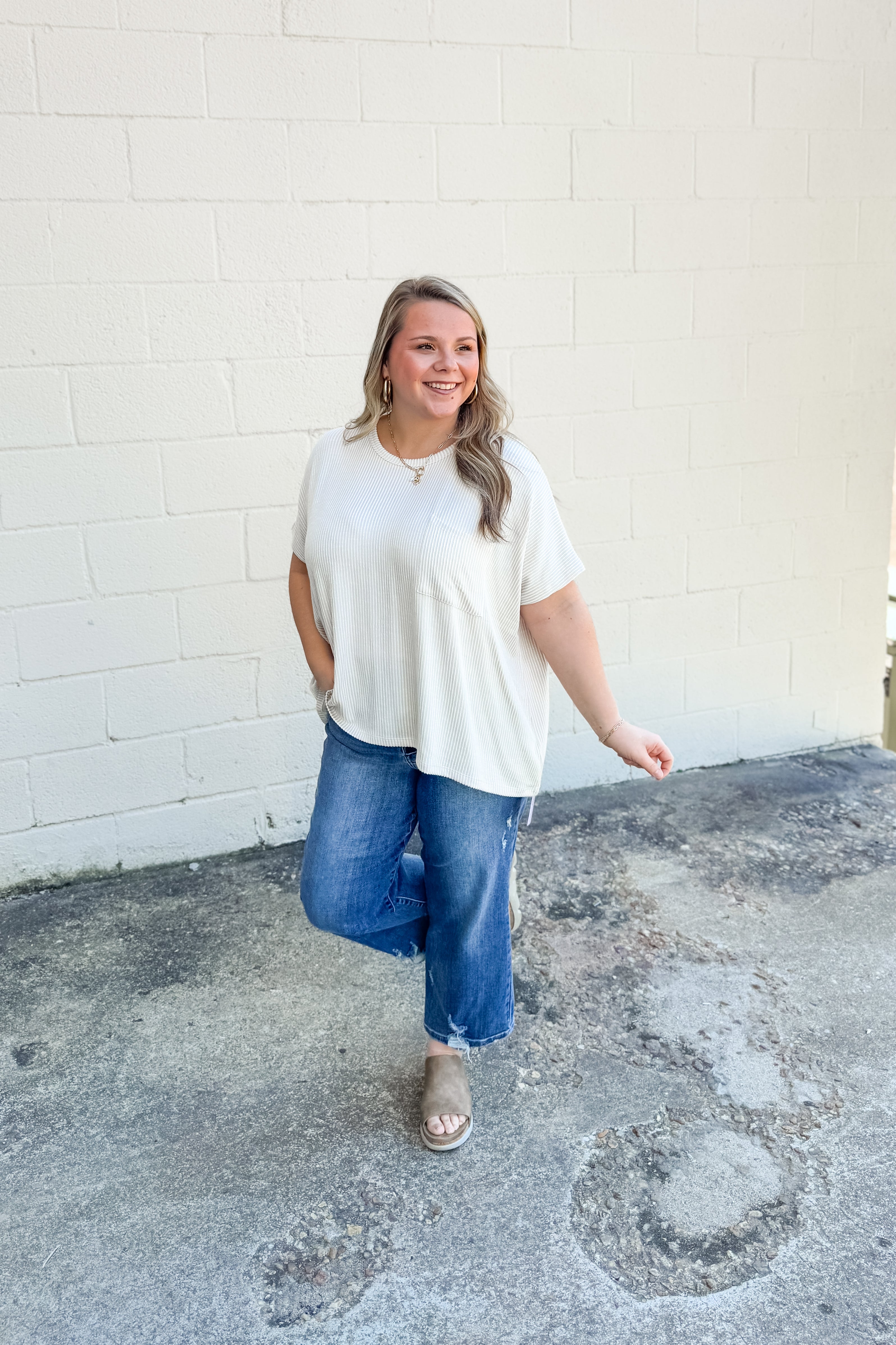 Ciara Ribbed Relaxed Top, Sand Beige