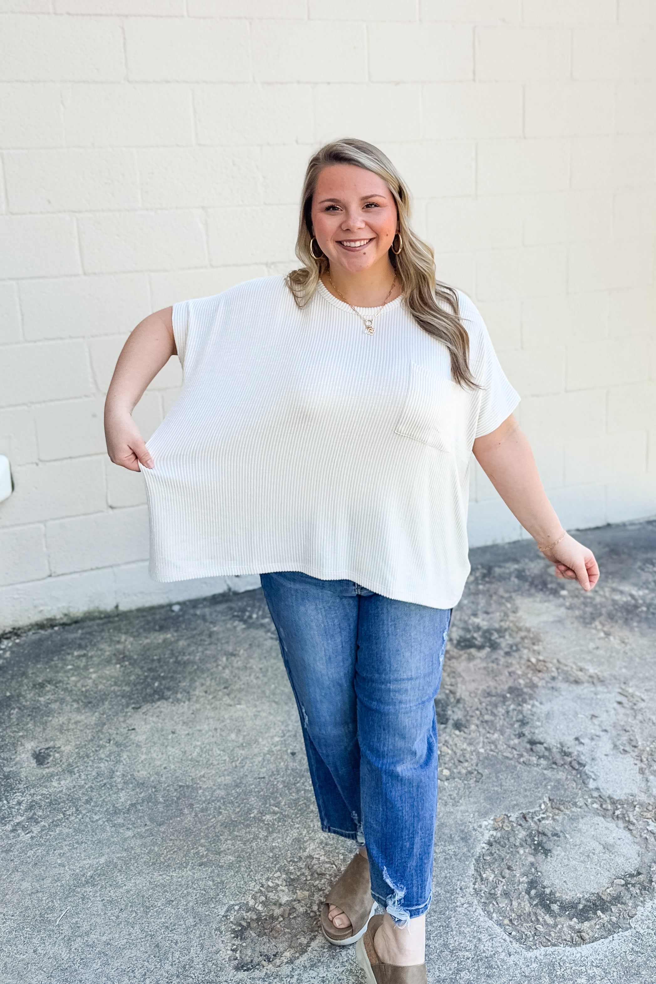 Ciara Ribbed Relaxed Top, Sand Beige