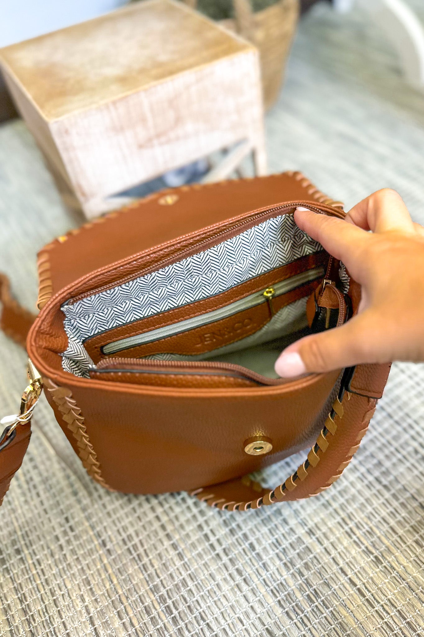 Cam Crossbody Handbag With Whipstitch Flap Over & Tassel, Brown