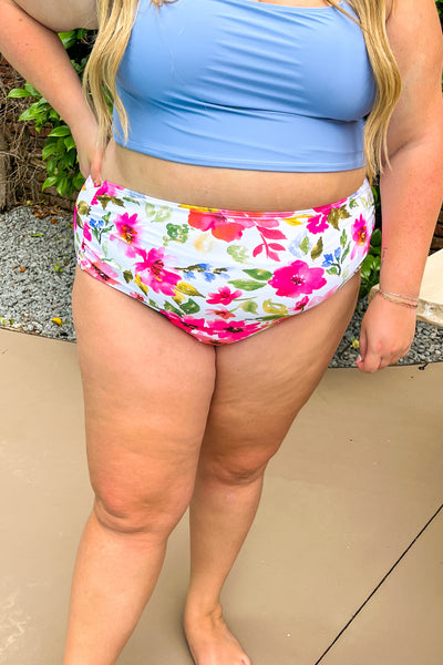 Pink Floral High Rise Ruched Swim Bottoms