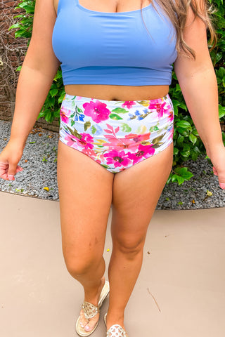 Pink Floral High Rise Ruched Swim Bottoms