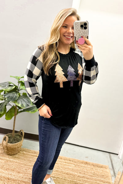 Sequin Trees with Buffalo Plaid Sleeves Top