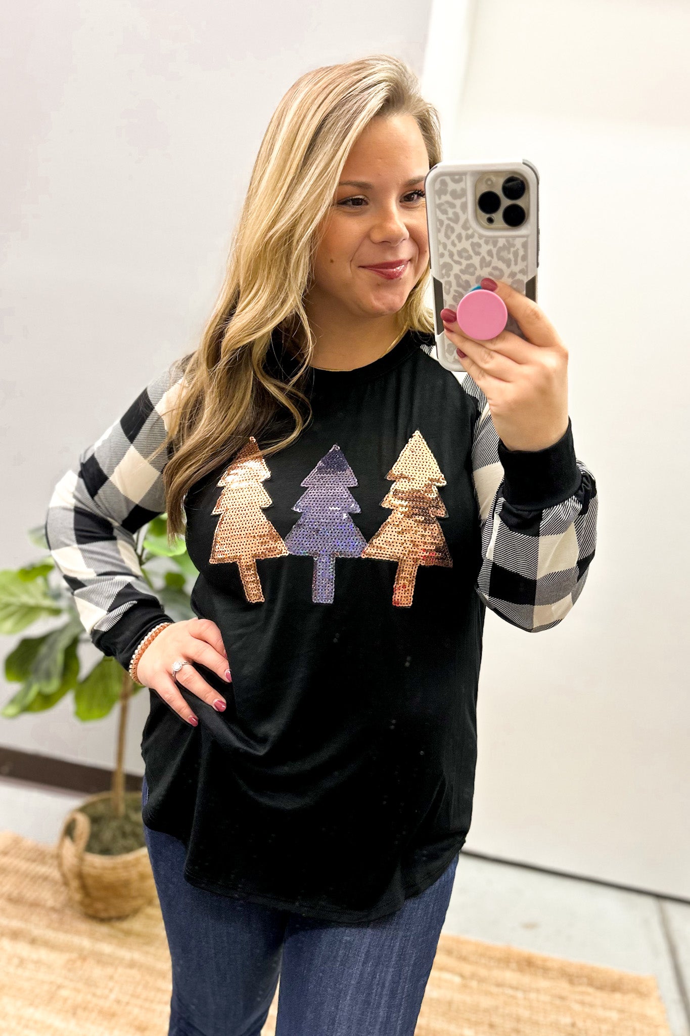 Sequin Trees with Buffalo Plaid Sleeves Top